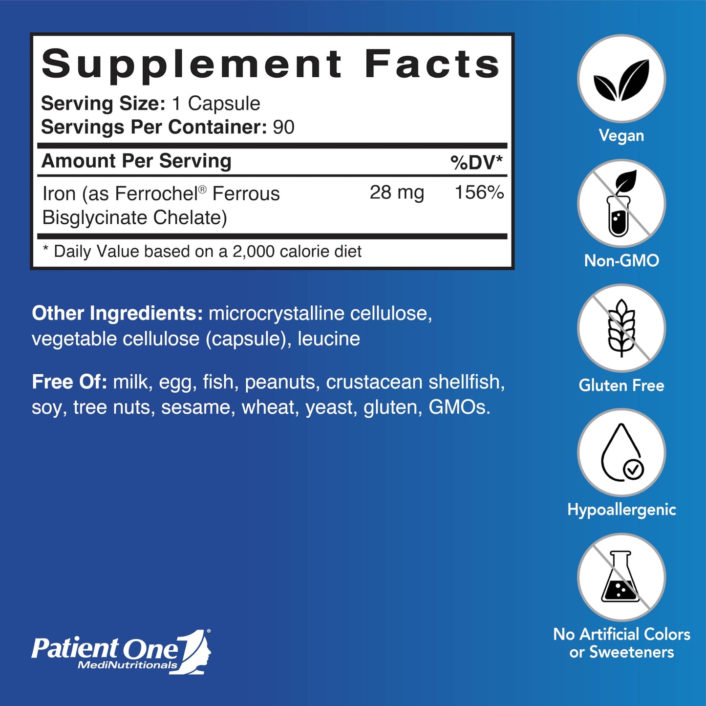 Patient One Iron Chelate 28mg Capsules, 90 Count