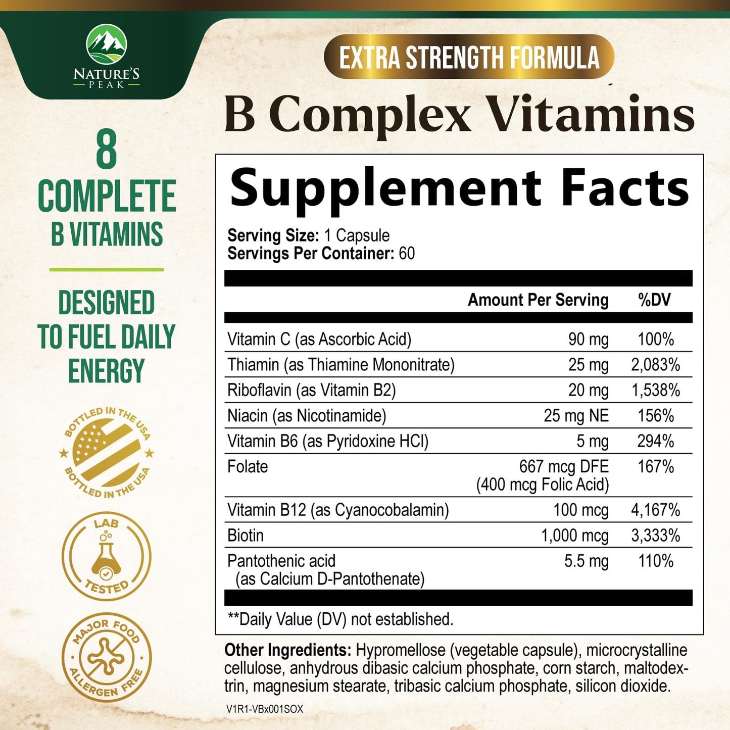 Nature's Peak B Complex Vitamin Supplement with Vitamin C & Folic Acid Capsules, 60 Count