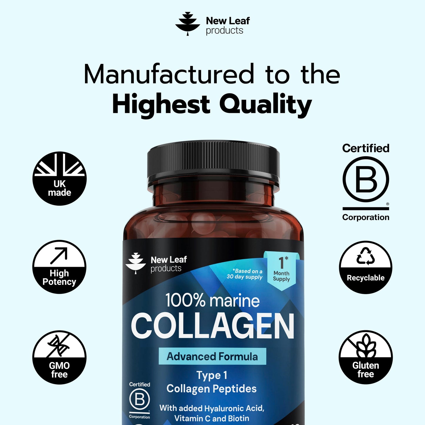 New Leaf Products Pure Marine Collagen Supplements for Women & Men - with Hyaluronic Acid, Vitamin C & Biotin - Collagen Peptides Hydrolyzed Collagen for Hair Skin & Nails, 60 Capsules