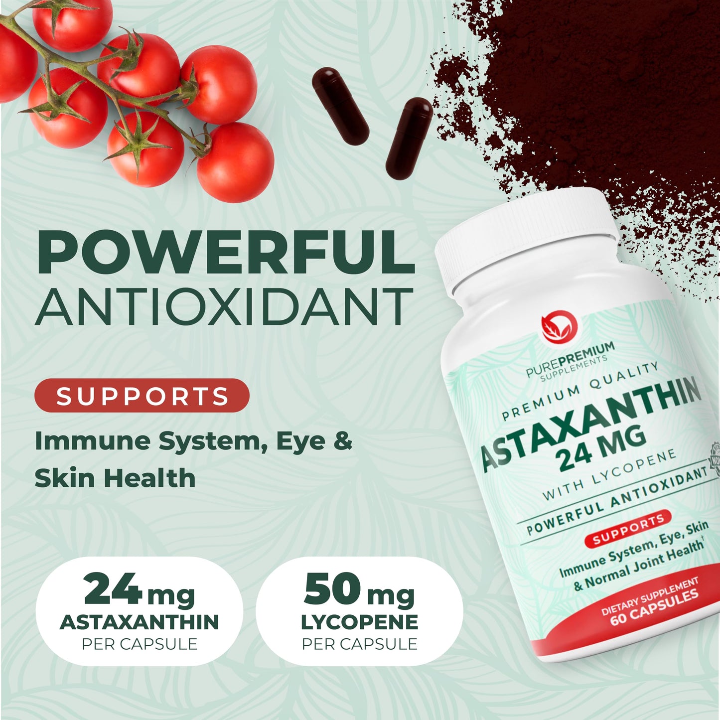 PurePremium Supplements Astaxanthin 24mg with Lycopene 50mg Capsule, 60 Count