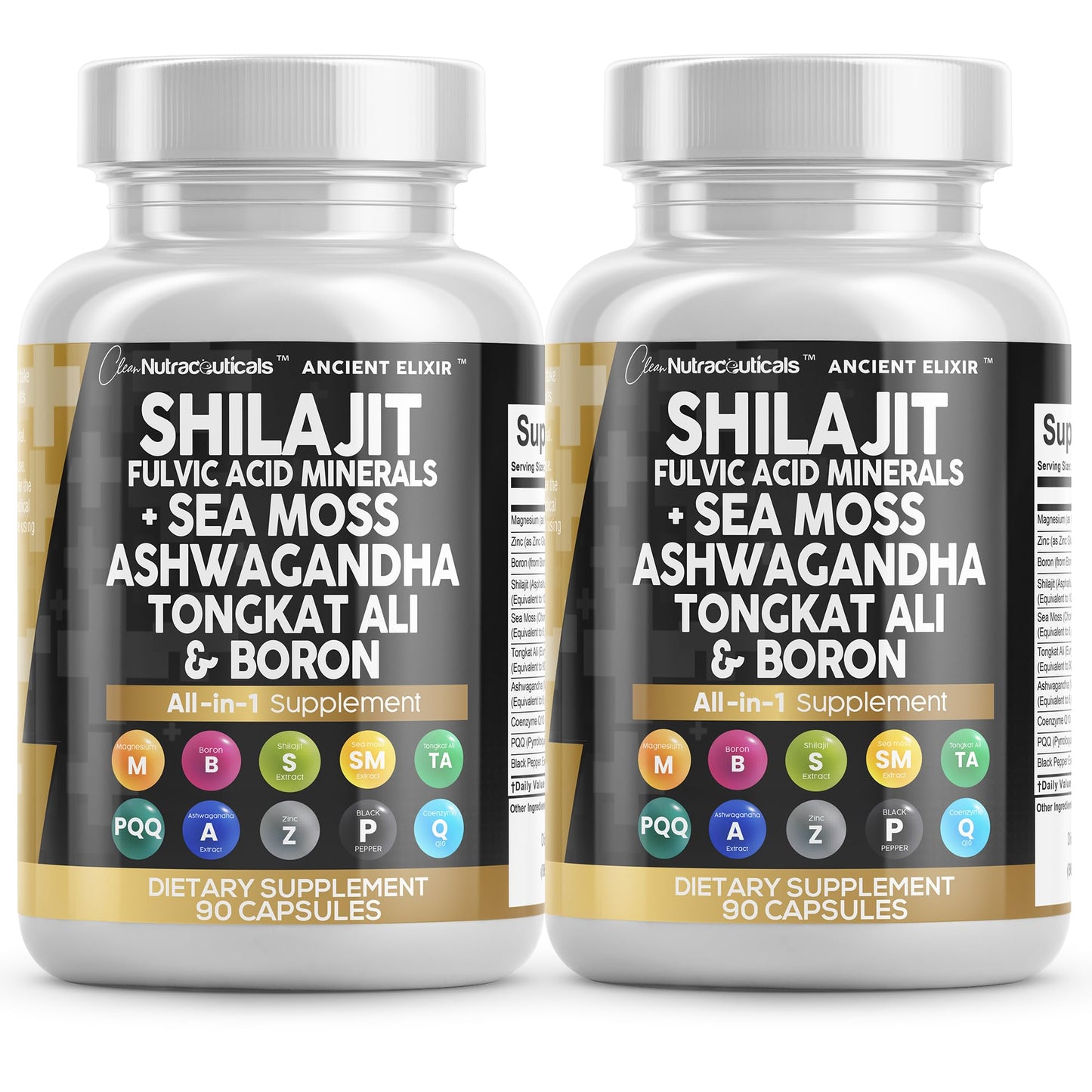 Clean Nutraceuticals Shilajit Supplement with Sea Moss, Ashwagandha, Tongkat Ali, Boron, Magnesium - Fulvic Acid Capsules, 90 Count