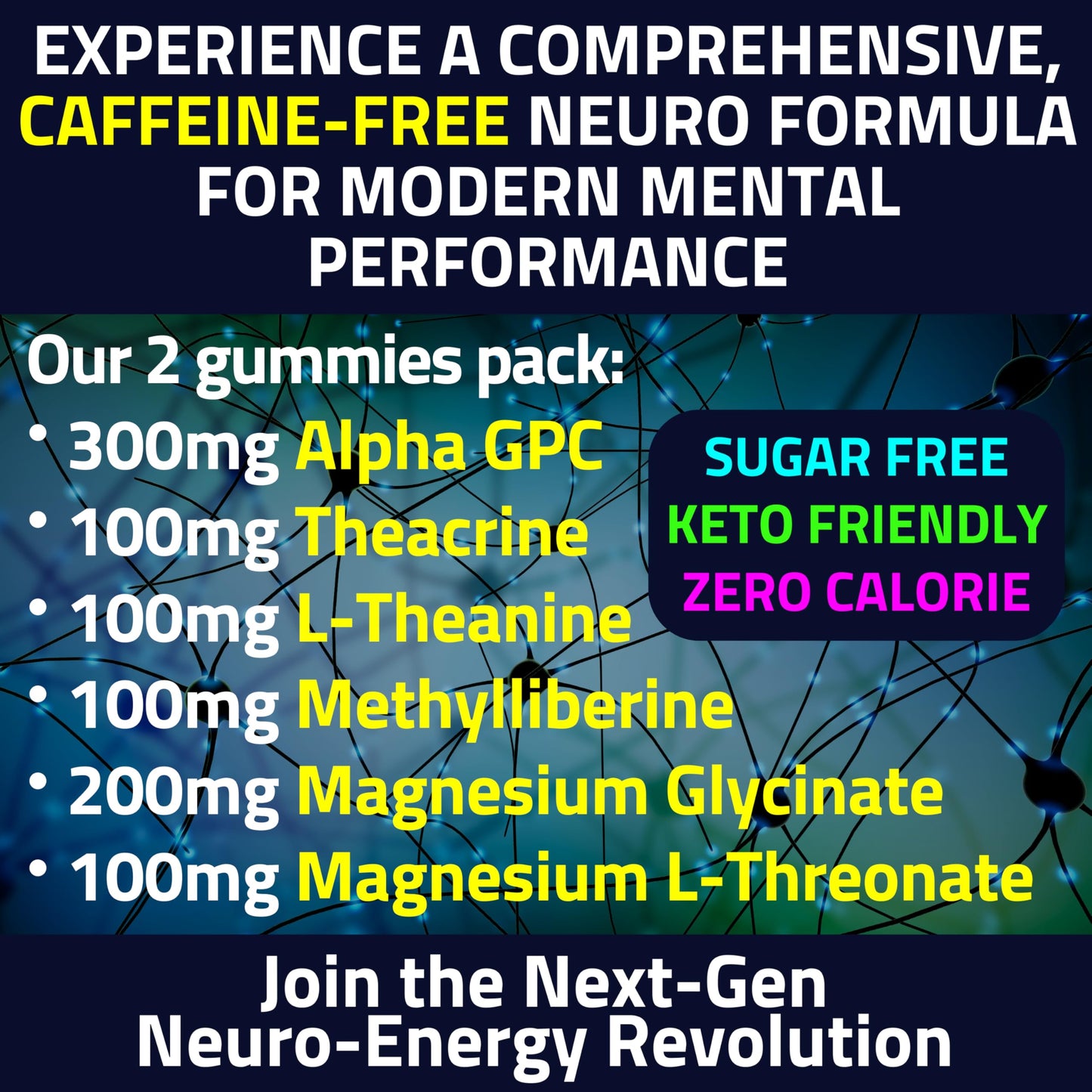 SHIZAM Alpha GPC Teacrine Magnesium L-Threonate & Glycinate Complex L-Theanine Methylliberine Gummies 60 Count