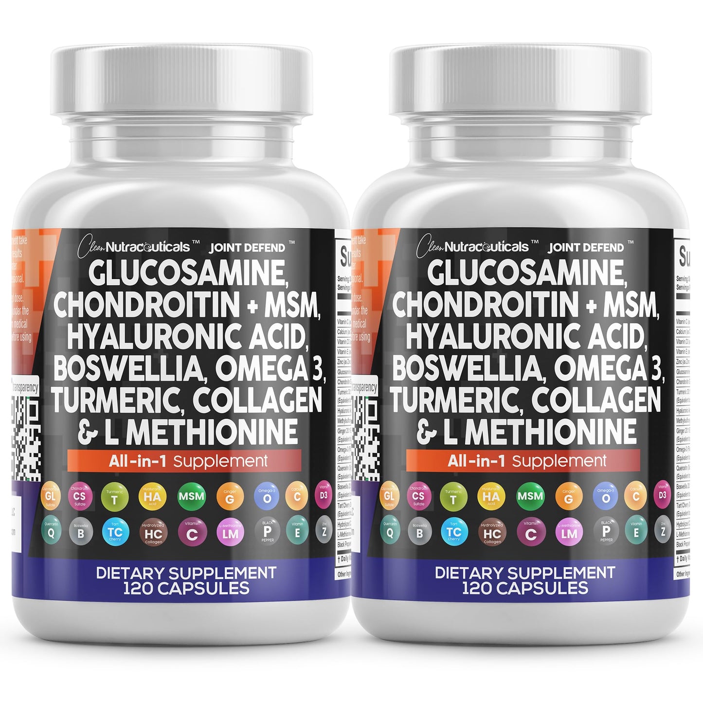 Clean Nutraceuticals Glucosamine Chondroitin MSM 1500mg with Turmeric Curcumin, Collagen, Hyaluronic Acid, Omega 3 Joint Health Supplement Capsule, 120 Count (Pack of 2)