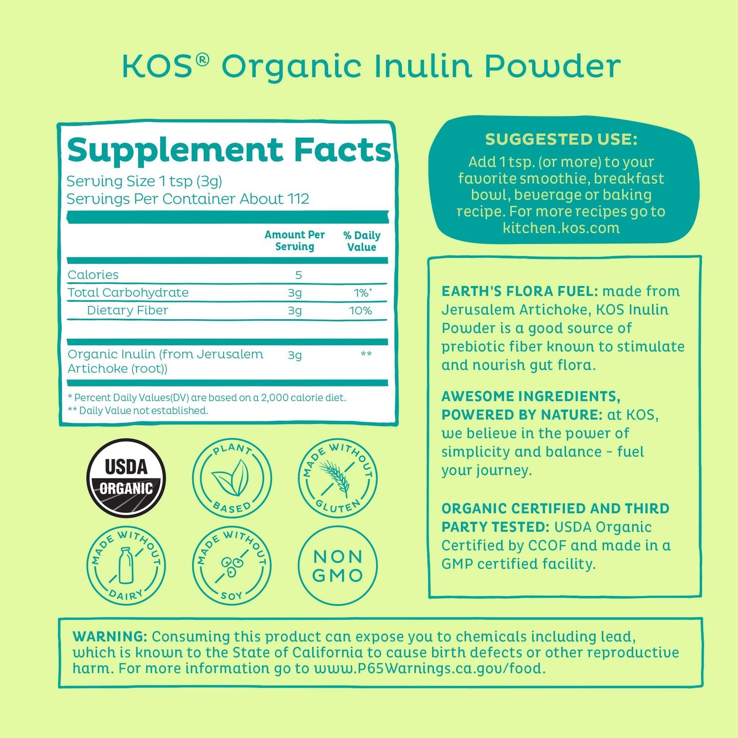 KOS Organic Inulin Powder, 112 Servings