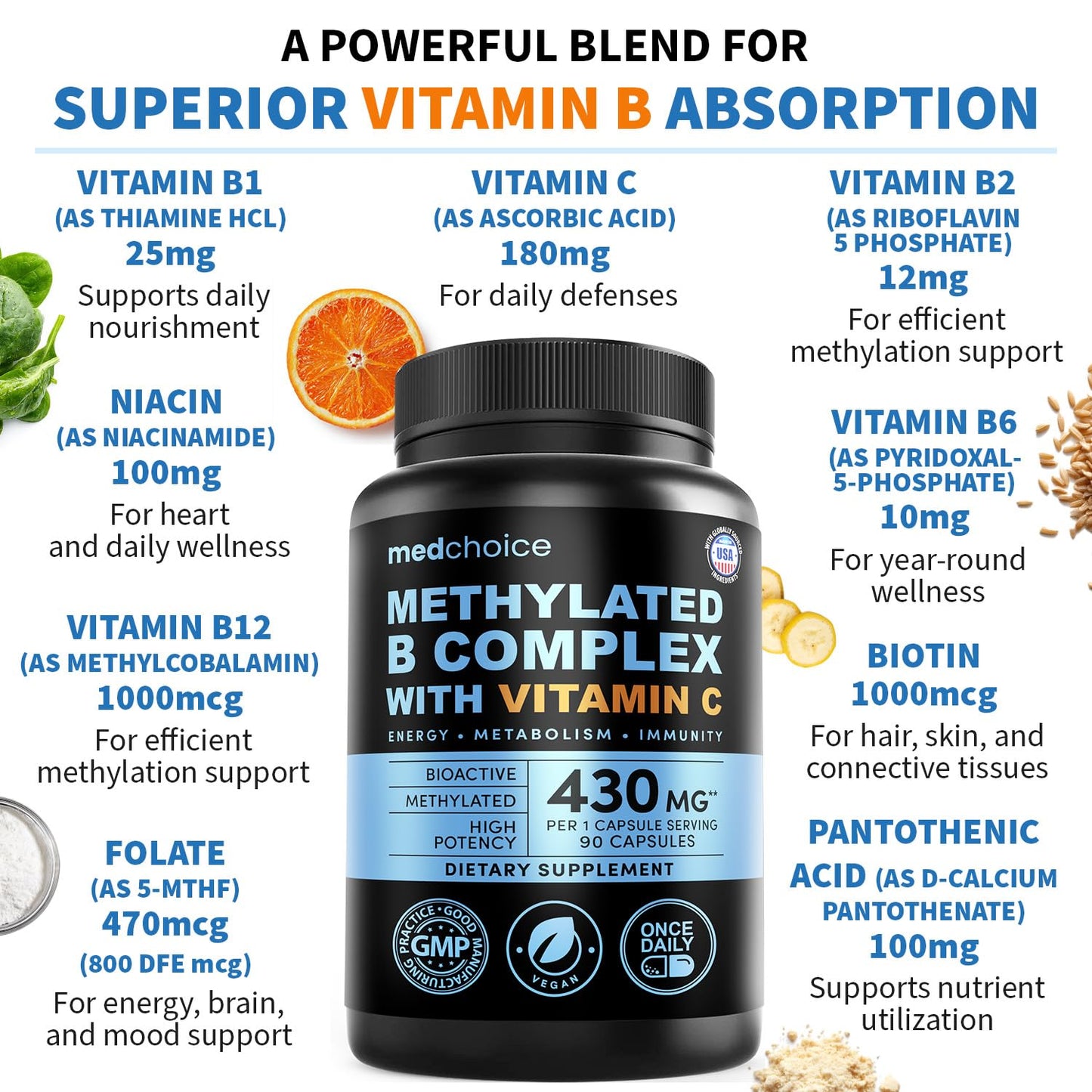 MEDCHOICE 9-in-1 Vitamin B Complex Methylated Multivitamin with B12 Methylcobalamin, Methylfolate, L-5-MTHF & Vitamin C, 180 Capsules