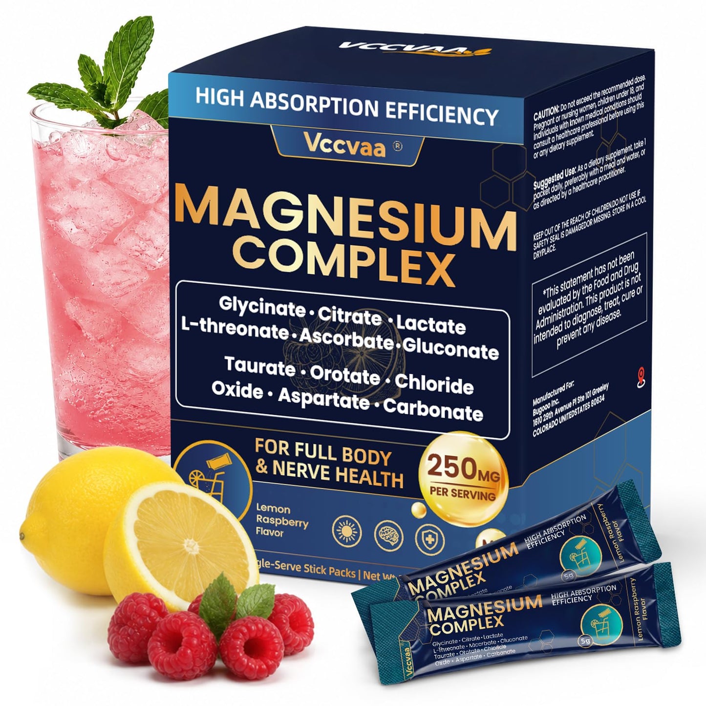 Vccvaa Magnesium Complex Powder Supplement with Glycinate, Citrate, Malate, L-threonate for Muscle, Heart & Brain, Vegan, Lemon Raspberry, 30 Servings