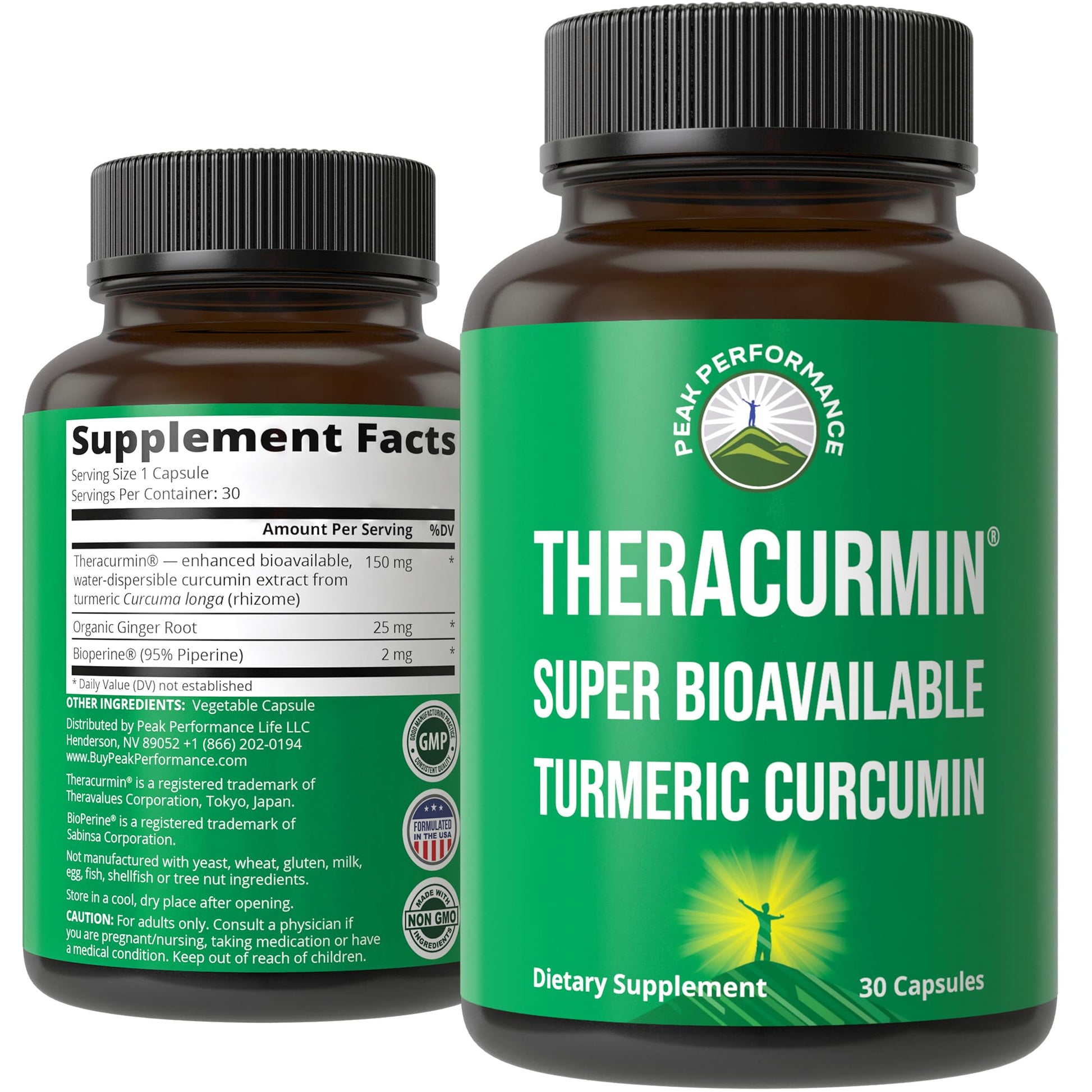 Peak Performance Theracurmin Up to 42X Greater Absorption vs Standard Curcumin - High Bioavailable Turmeric Curcumin Capsule Supplement, Clinically Studied, Supports Muscle Recovery, Joints, Mobility for Women and Men, 30 Capsules