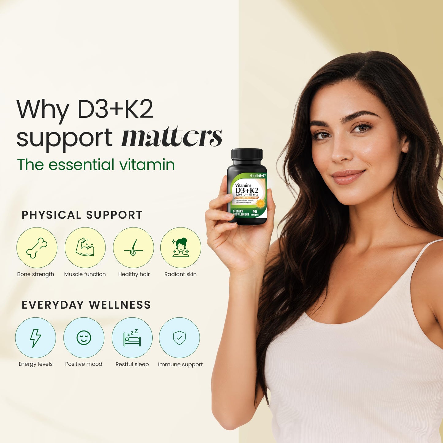 HealthA2Z Vitamin D3 (5,000 IU) + K2 (100 mcg) Softgels, 90 Count