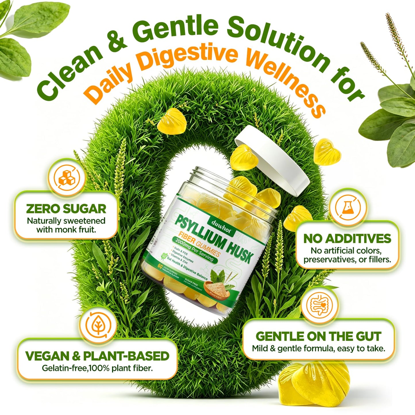 duwhot Psyllium Husk Gummies 2000mg Psyllium Husk Fiber Supplement with Acacia Fiber, Inulin & FOS, Digestive Enzymes for Gut Health & Regularity, Vegan, Organic, Sugar Free Pineapple, 120 Chews