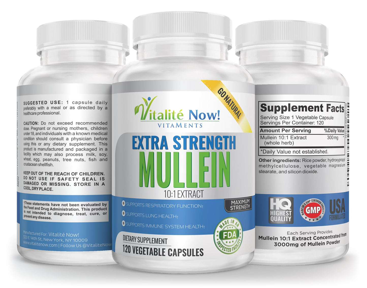 Vitalité Now! Extra Strength Mullein Capsules 100% Whole Herb 10:1 Extract, 120 Count