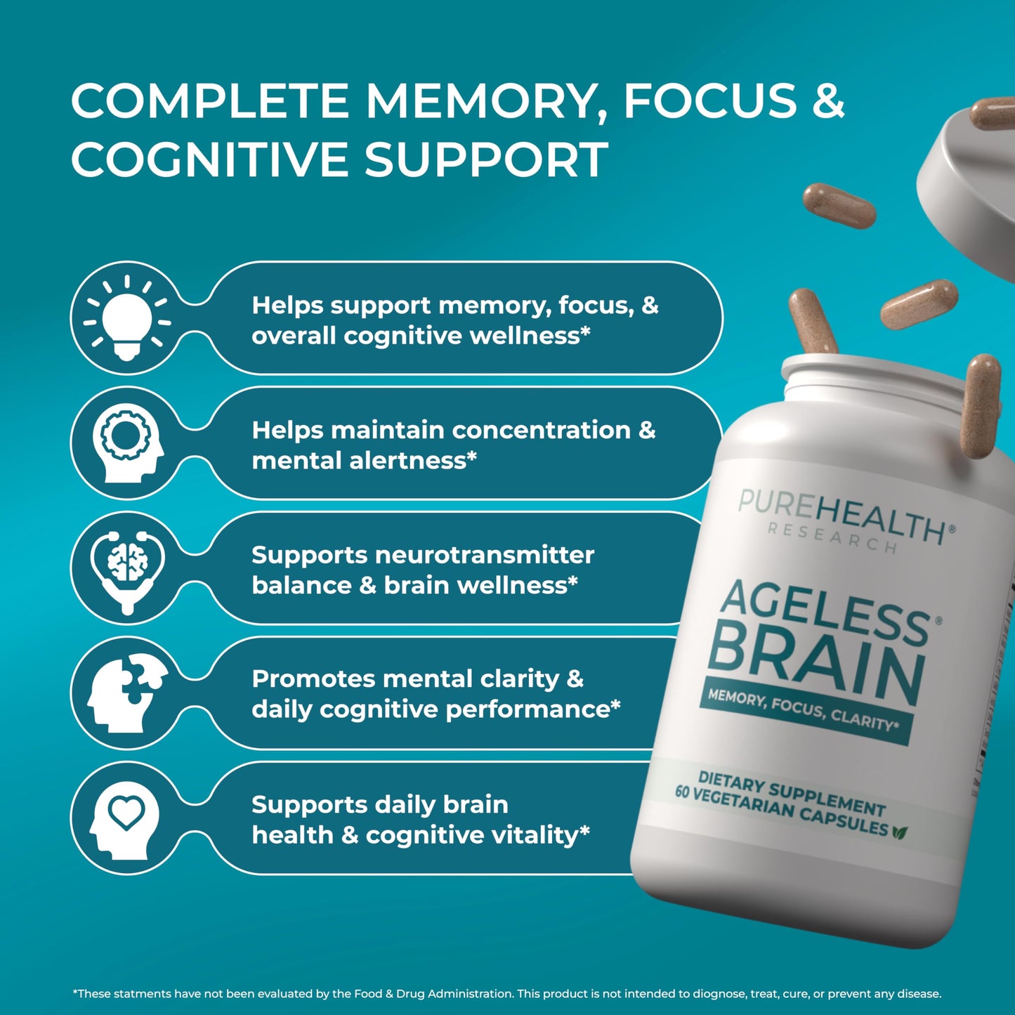 PureHealth Research Ageless Brain Supplements for Memory and Focus, 60 Capsules
