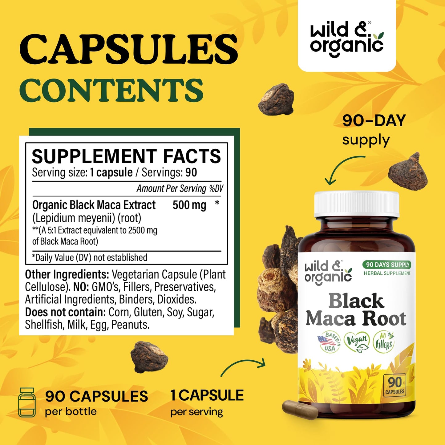 Wild & Organic Black Maca Root Capsules 500 mg, 90 Count
