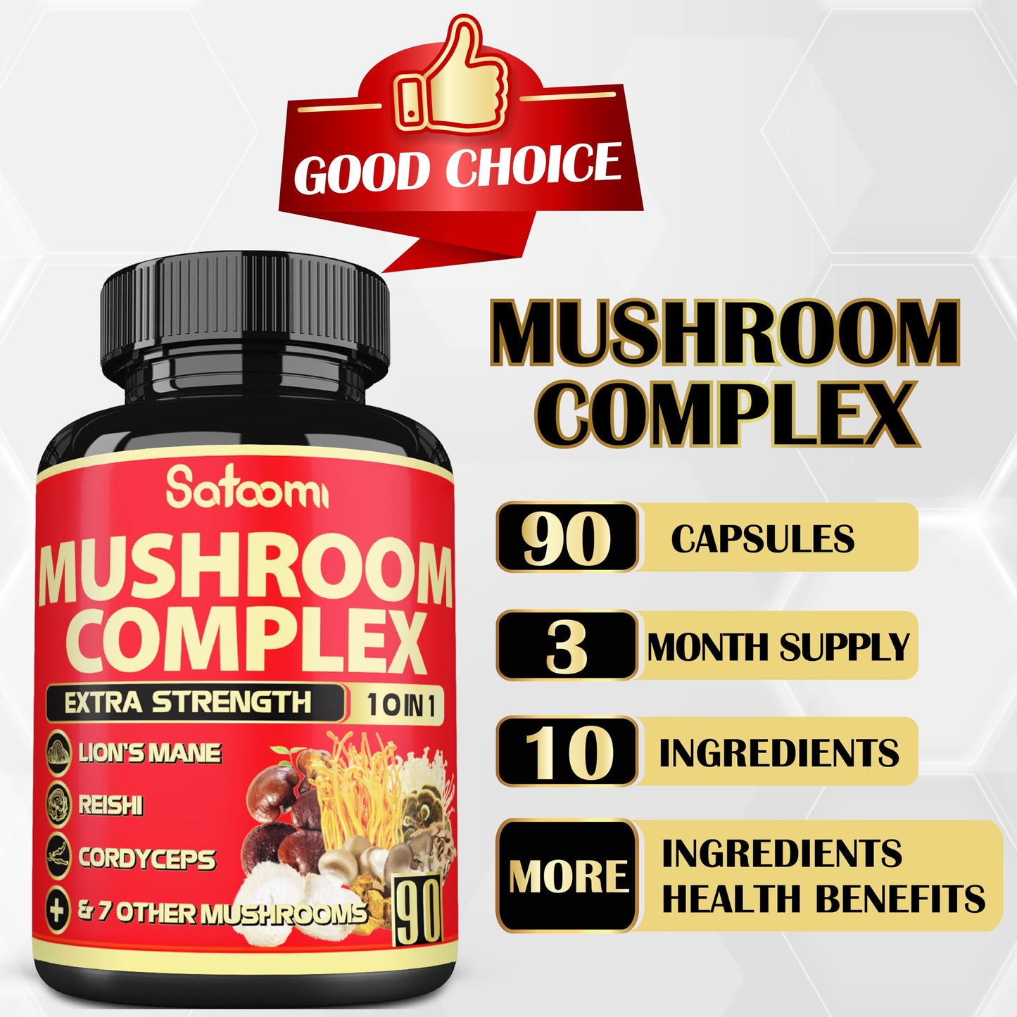 Satoomi 10-in-1 Mushroom Supplement Complex Capsules 90 Count