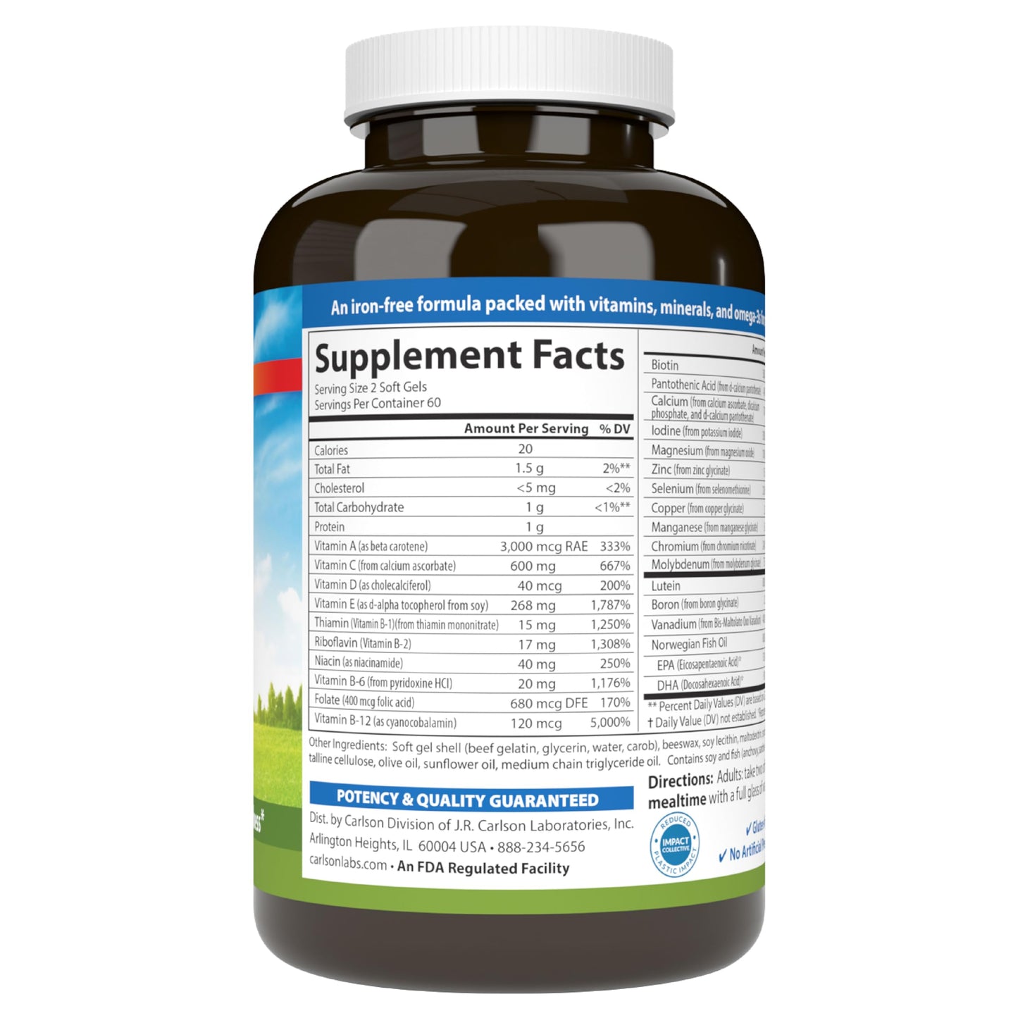 Carlson Super-2-daily Multi + Omega-3s + Lutein + D3 Multivitamin with Norwegian Fish Oil, Softgels, 120