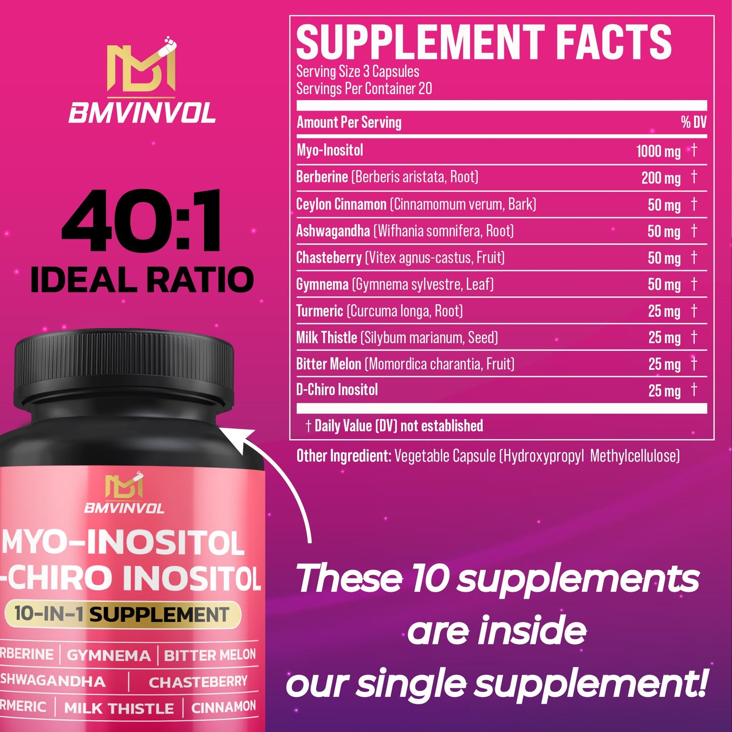 BMVINVOL Inositol Supplement Myo-Inositol and D-Chiro Inositol 40:1 Ratio Capsule 60 Count