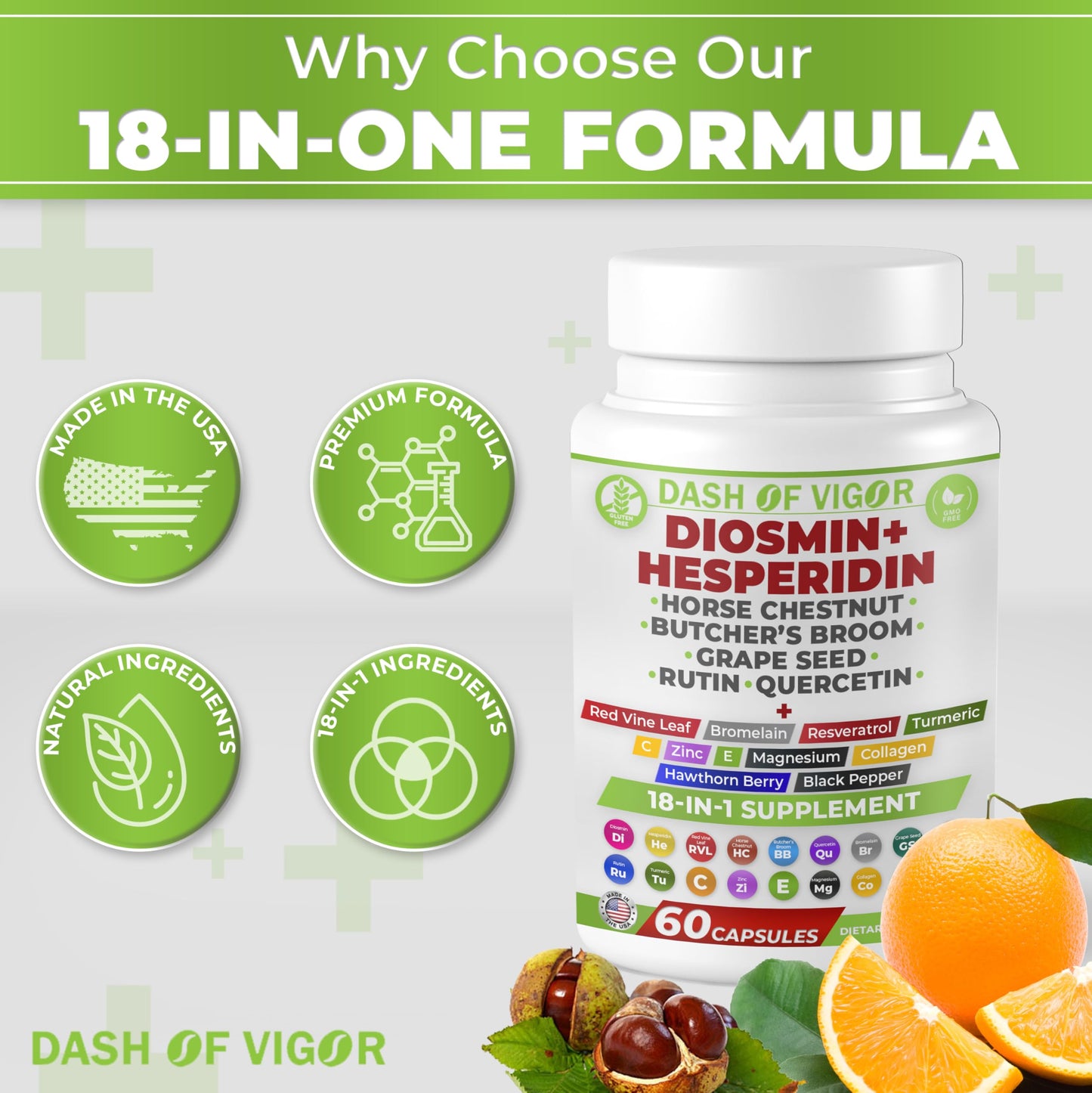 DASH OF VIGOR DOFV 18-in-1 Diosmin Hesperidin Supplement with Quercetin, Bromelain, Zinc, Vitamin C with Rutin, Horse Chestnut Extract, Butcher's Broom Extract Capsules 60