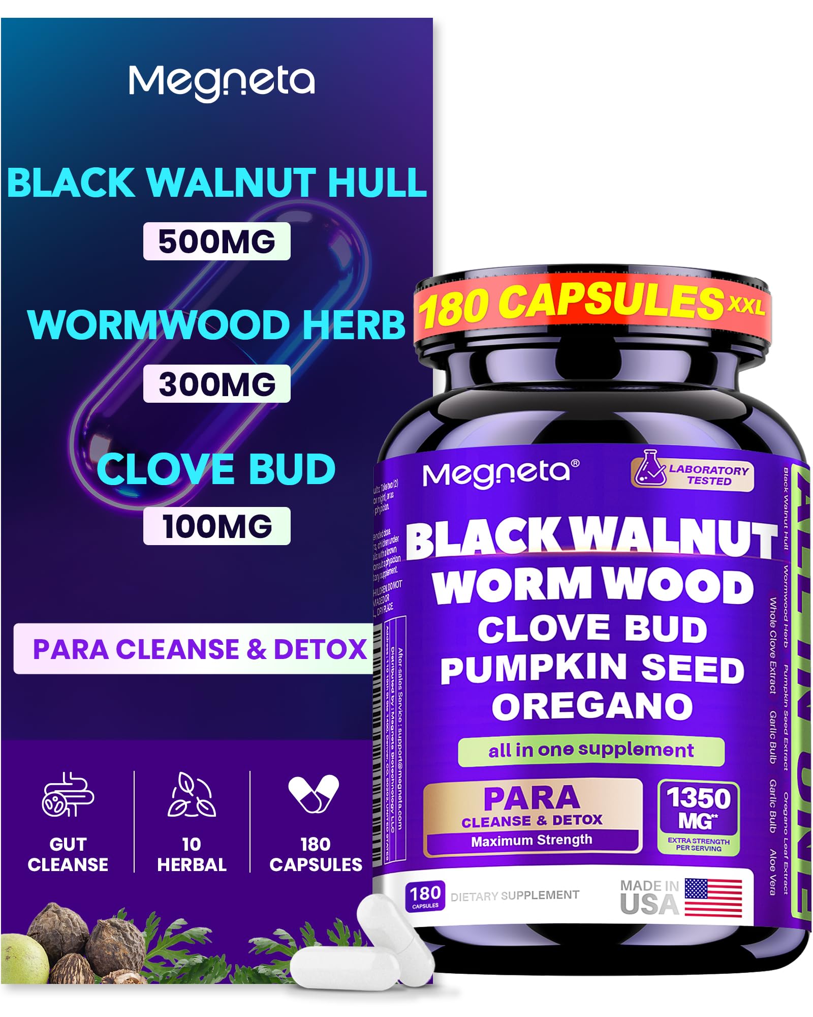 MEGNETA Wormwood Black Walnut Clove Cleanse, 180 Capsules