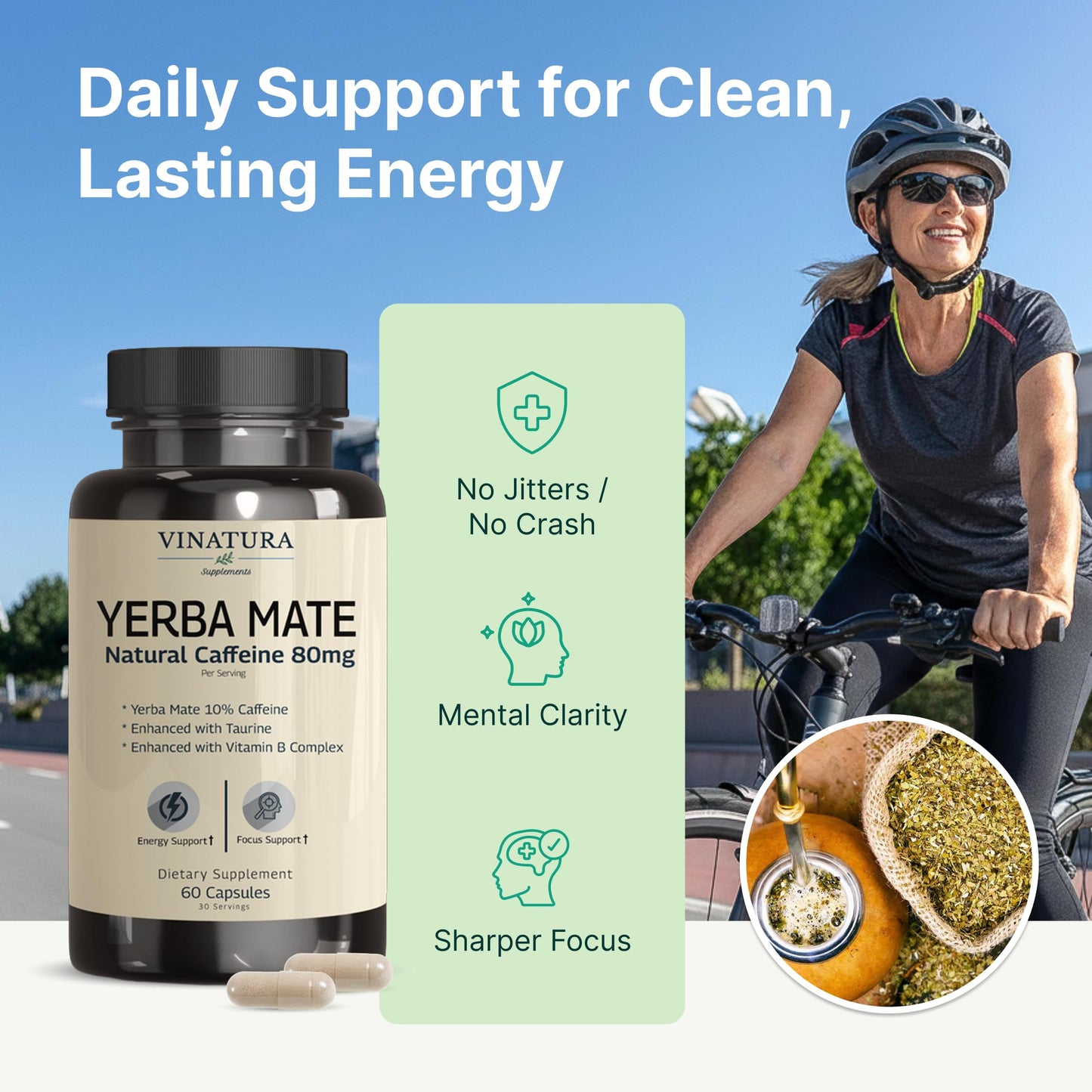 VINATURA Yerba Mate 1400mg - Magic Natural Caffeine & Energy Supplements, High Potency Enhanced with Taurine and Vitamin B Complex, 60 Capsules