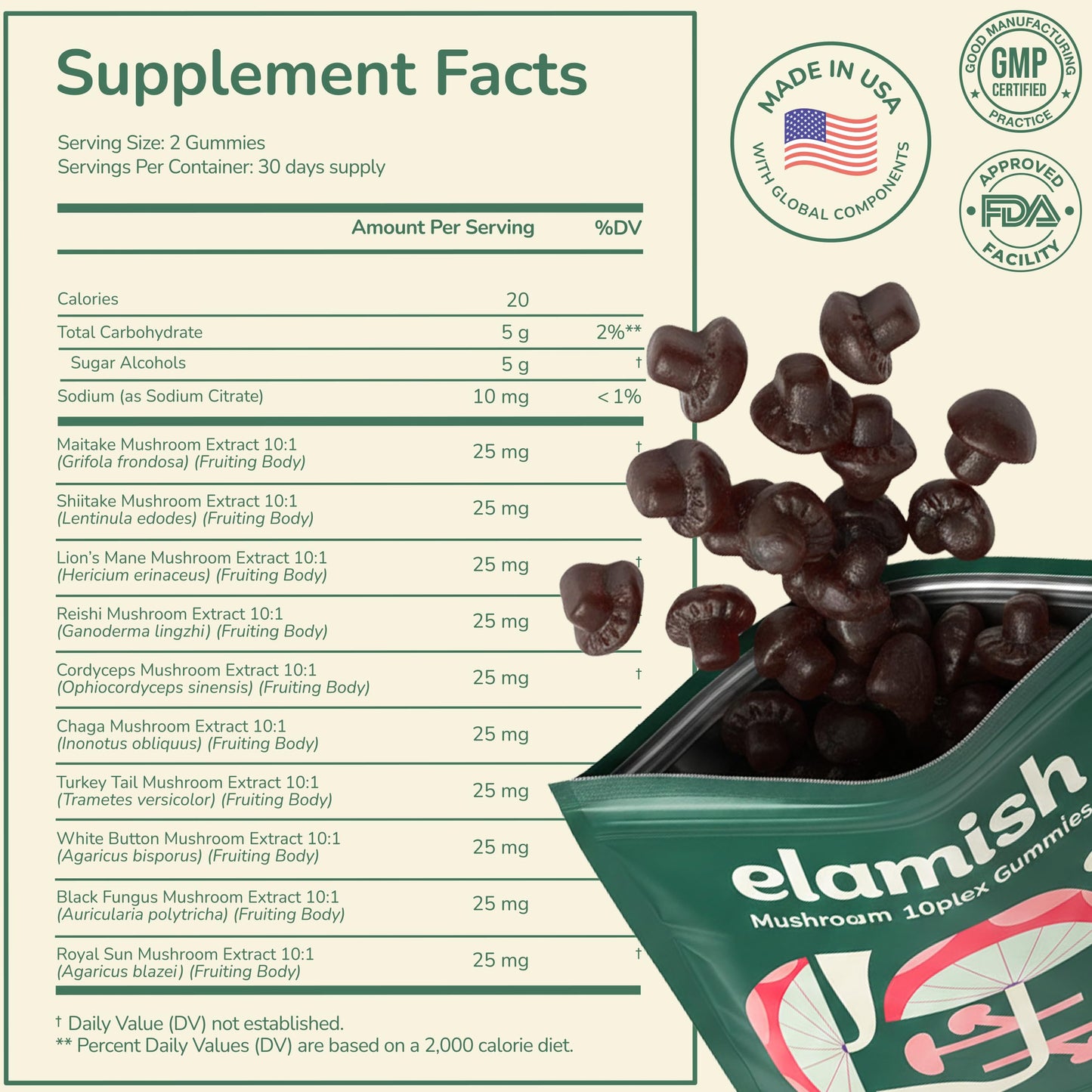 Elamish Mushroom Gummies – Focus, Immunity & Calm – Functional Mushrooms 10 Plex Blend, 60 Count