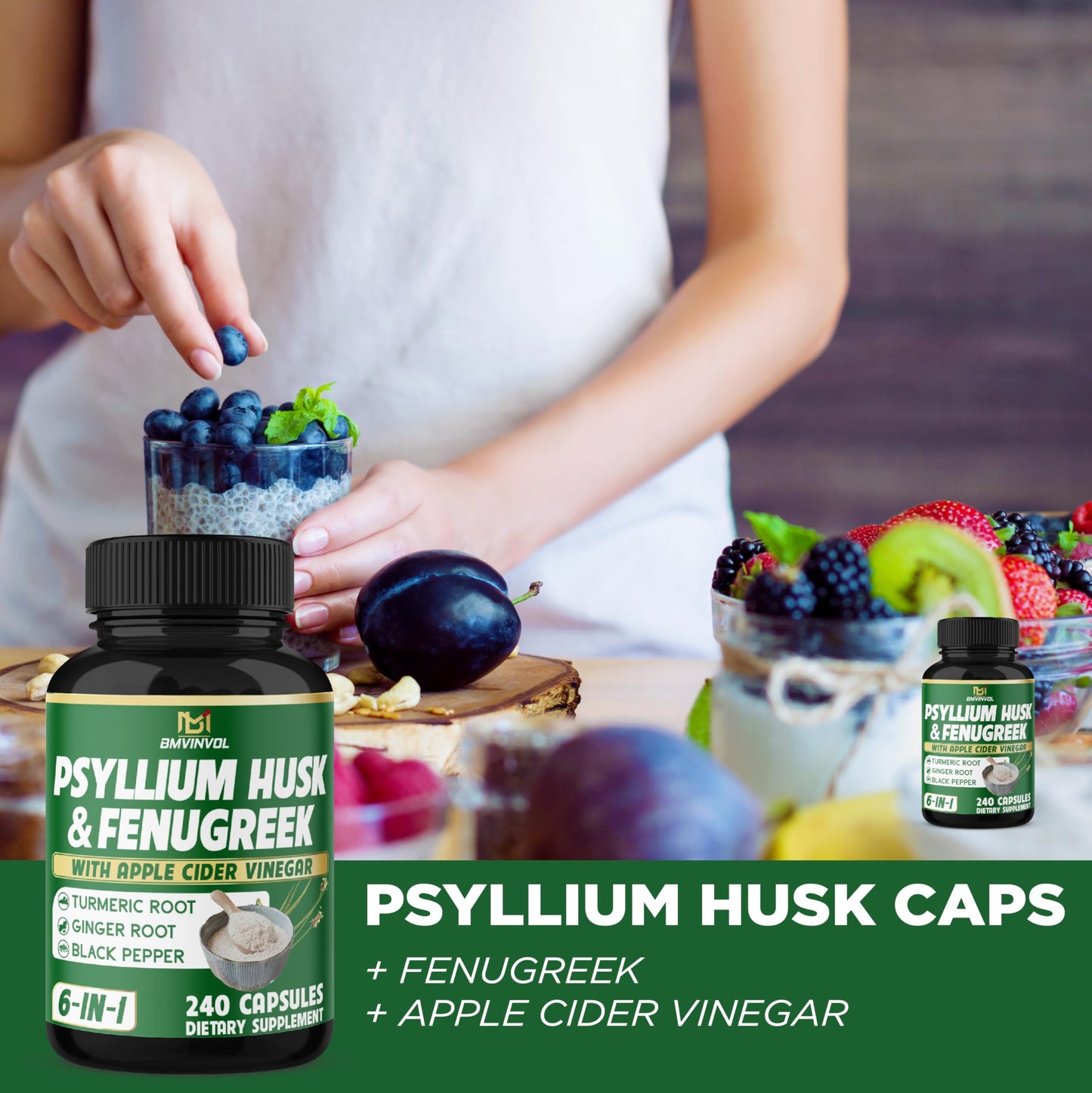 BMVINVOL 6in1 Psyllium Husk, Fenugreek, Apple Cider Vinegar, Turmeric, Ginger, Black Pepper Capsules, 240 Count