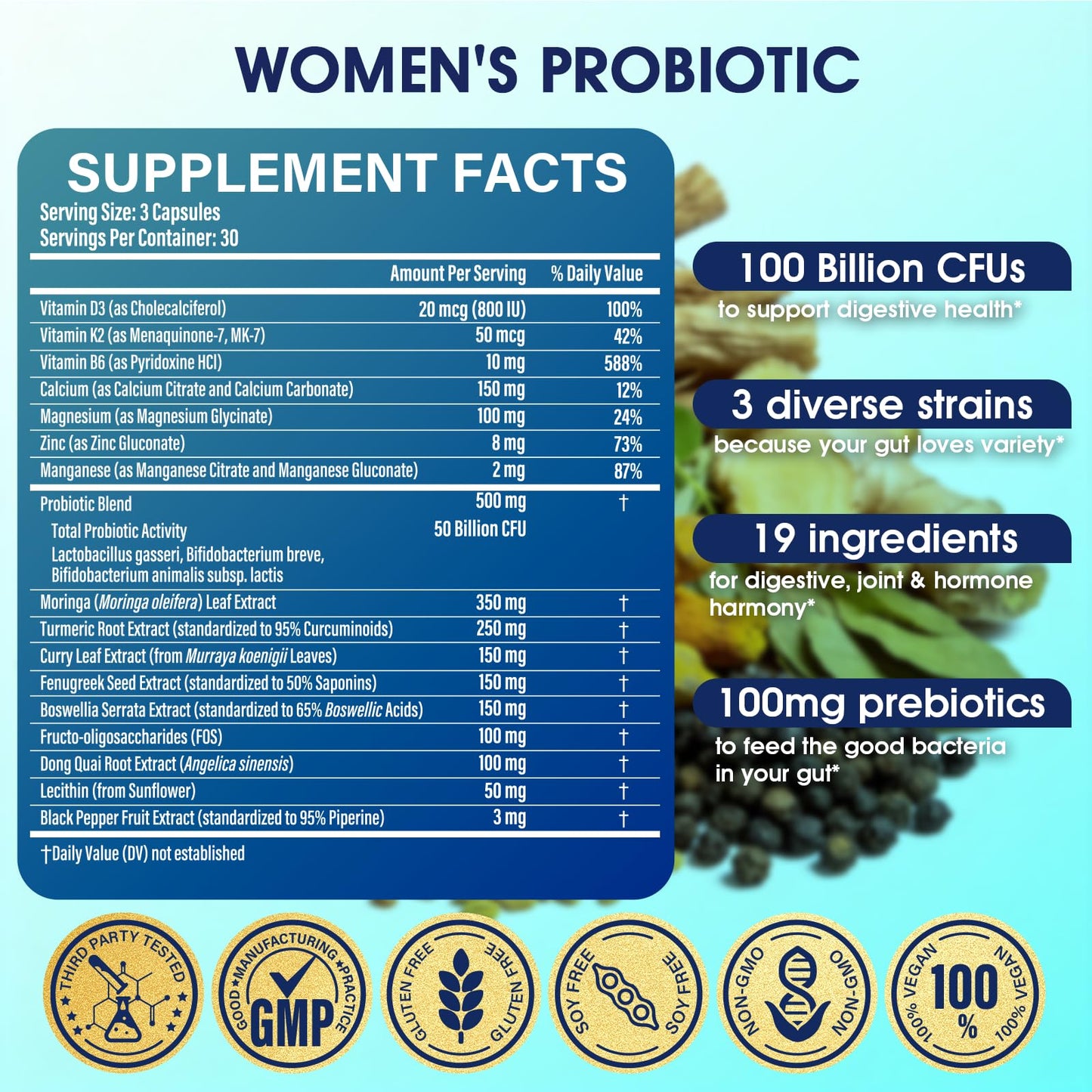 Hydsoqmo Probiotics for Women – Menopause, Digestive & Gut Health Support with 100 Billion CFU, 90 Capsules