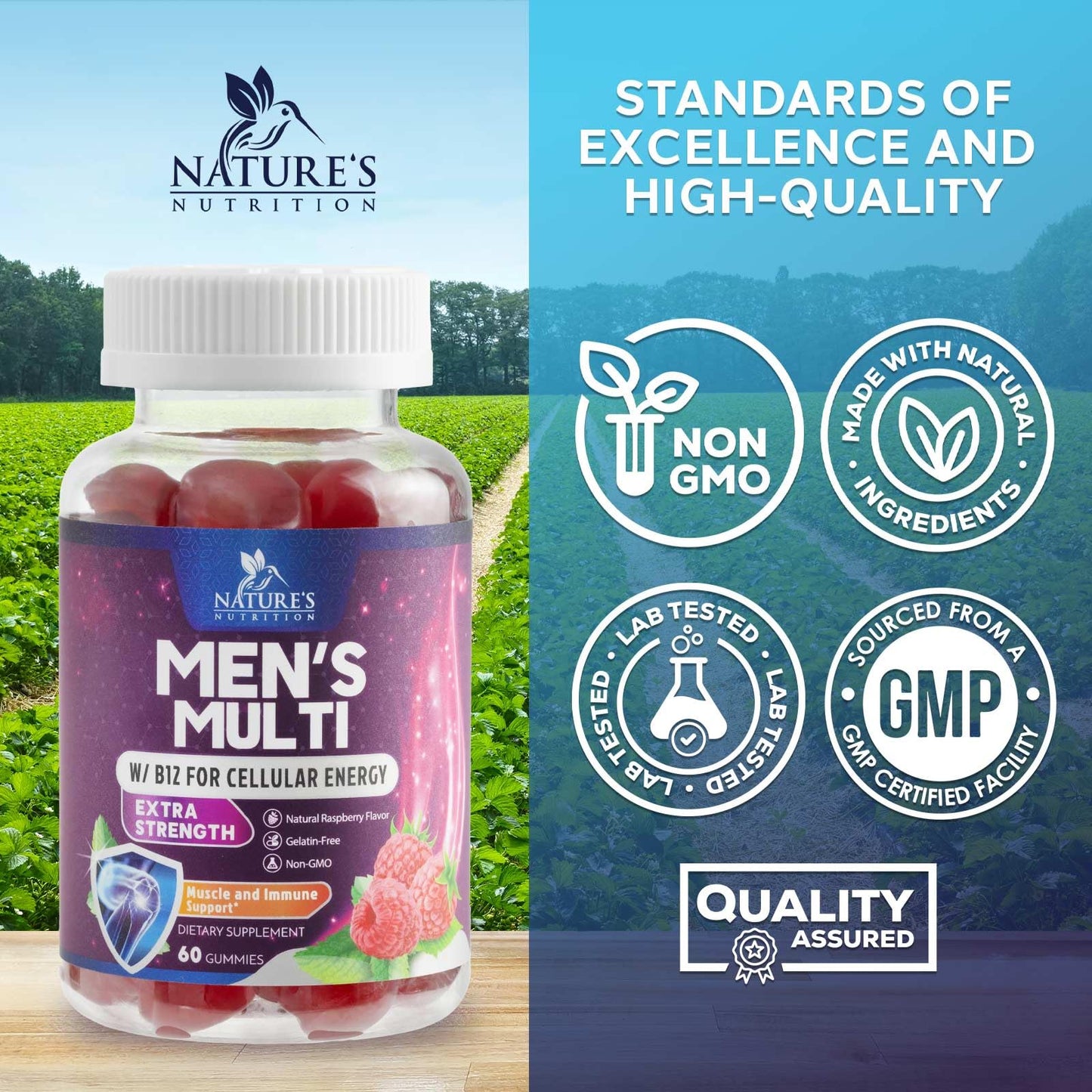Nature's Nutrition Multivitamin for Men Complete Daily Men's Multivitamin Gummies with Vitamin D, B Vitamins, Zinc & More - Energy, Memory, Focus & Immune Health Support - 13 Essential Vitamins & Minerals, 60 Gummies
