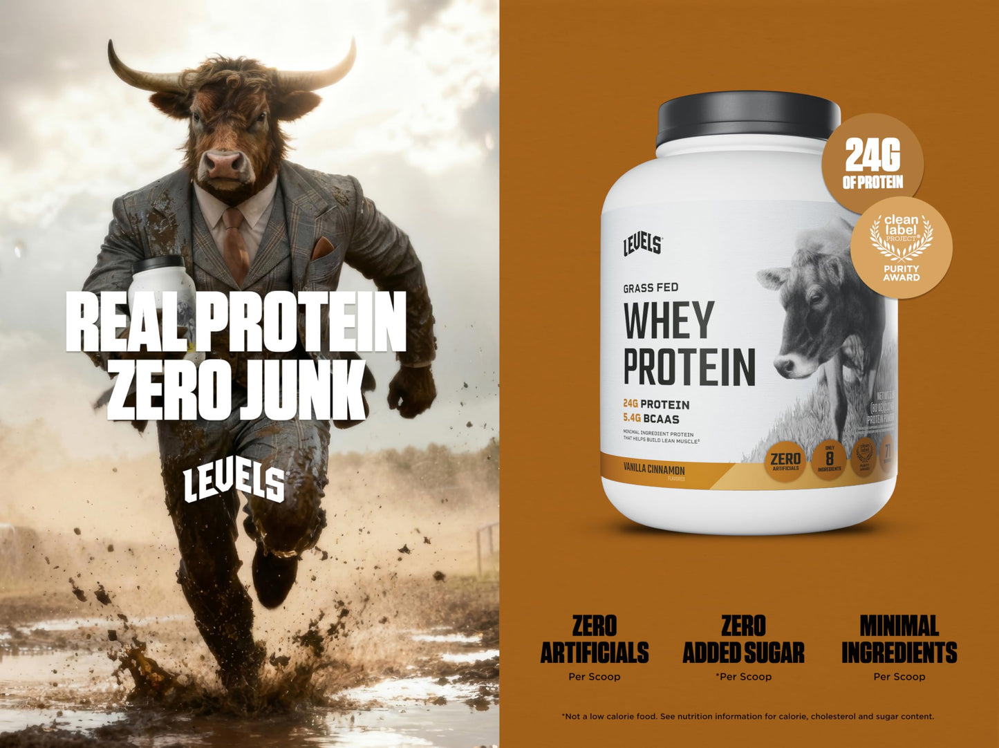 Levels Nutrition Grass Fed Whey Protein Powder Vanilla Cinnamon, 5 lb, 80 Servings