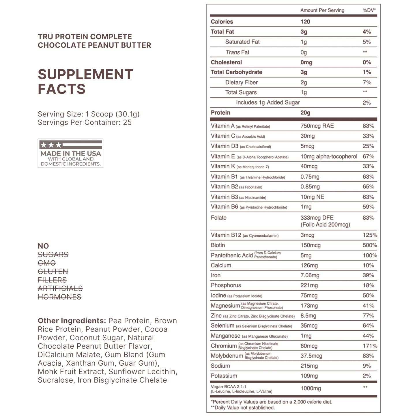 TRU Supplements Plant Based Protein Powder, BCAA, EAA, 20g Vegan Brown Rice & Pea Protein, 100 Calories, 27 Vitamins, No Artificial Flavors, Chocolate Peanut Butter, 26.4 oz