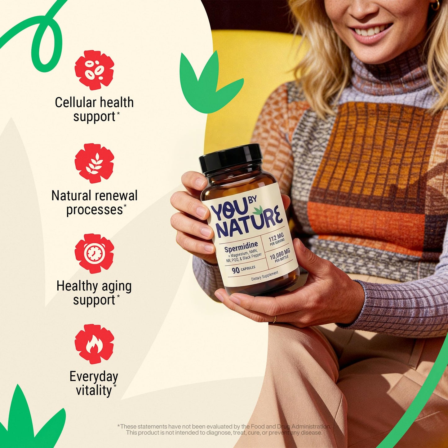 YOUBYNATURE Spermidine 112 mg with Proprietary Blend, NR, NMN, PQQ, Magnesium Bisglycinate, Black Pepper Capsules, 90 Count