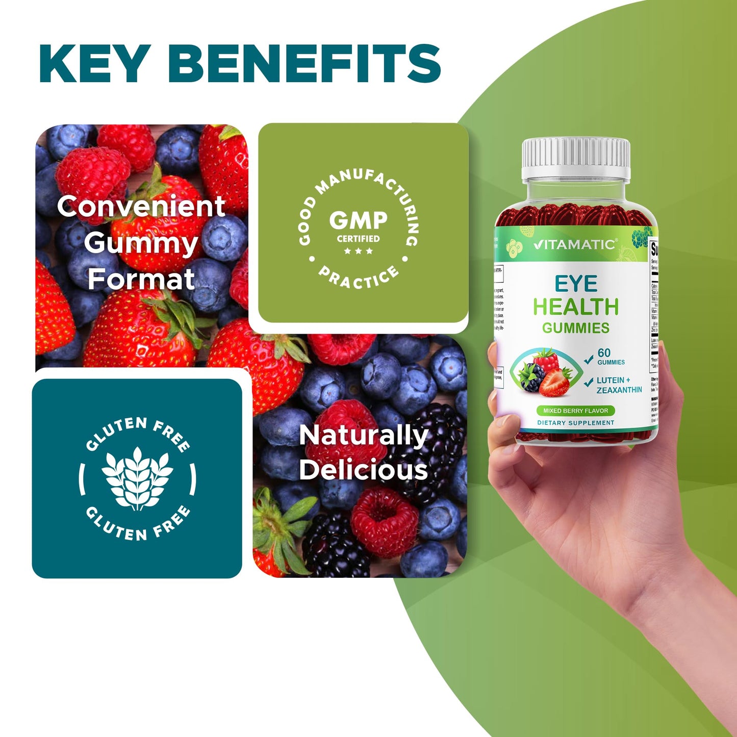 Vitamatic Eye Health Gummies with Lutein, Zeaxanthin, Vitamin C, E & Zinc – Mixed Berry Flavor, 60 Gummies