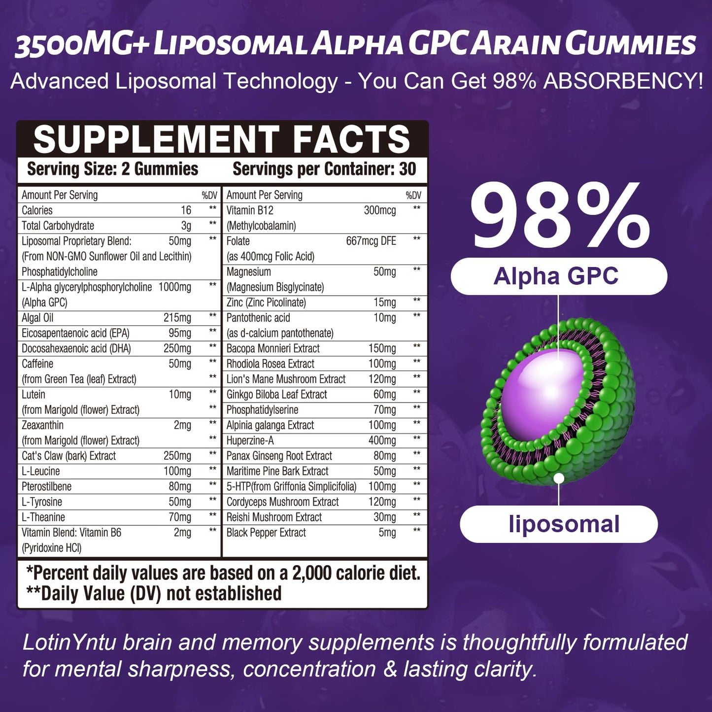 LotinYntu Liposomal 3500MG+ Alpha GPC Brain Focus Gummies with Omega-3 DHA+EPA, Lutein Zeaxanthin & Caffeine for High Absorption Focus & Memory Support Immune Boost, 120 Gummies