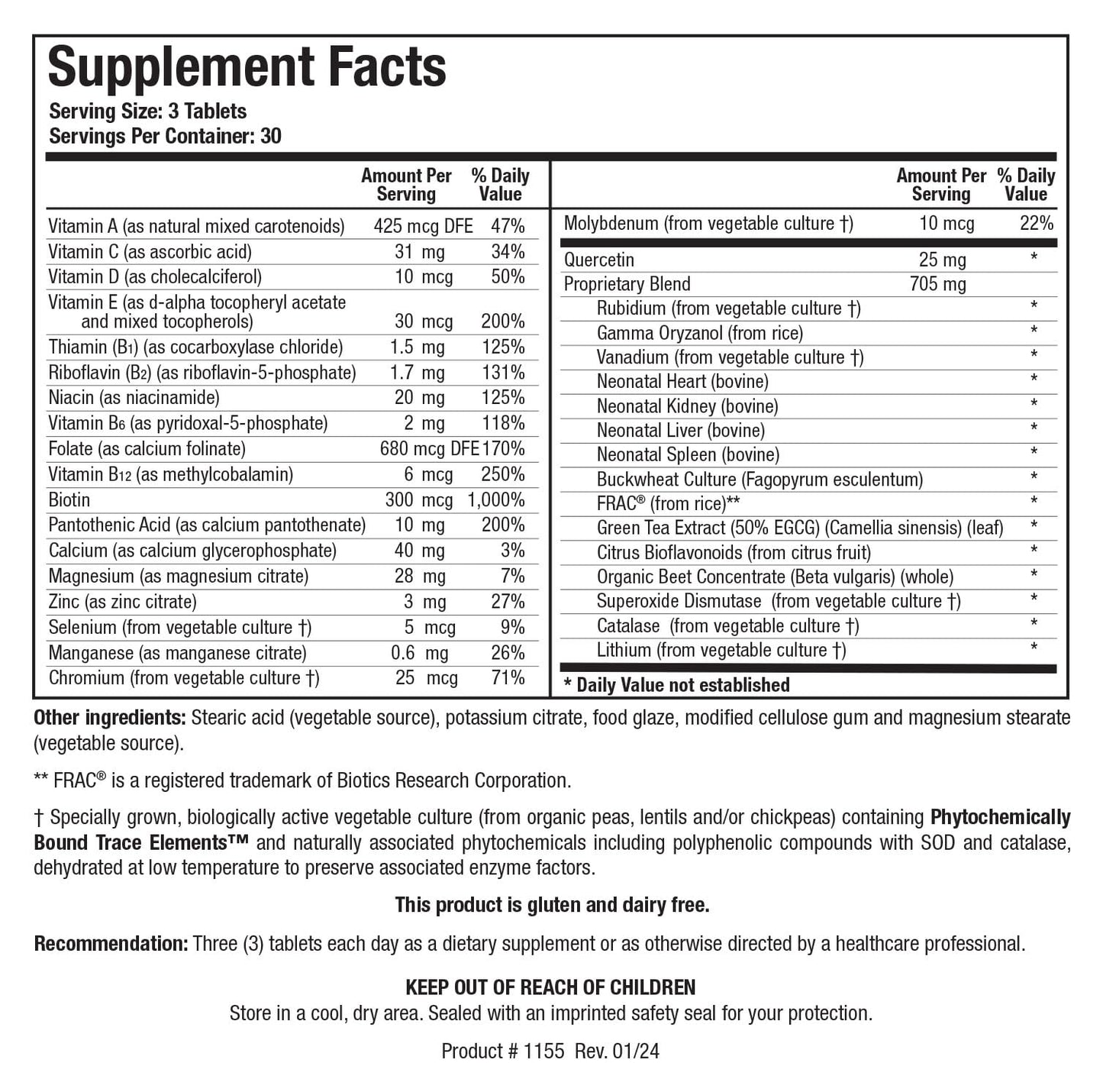 Biotics Research Bio Trophic Plus Food Form Comprehensive Multivitamin Mineral, Glandular Support, Organic Beet Concentrate, Citrus Bioflavonoids, SOD, Catalase, 90 Tablets