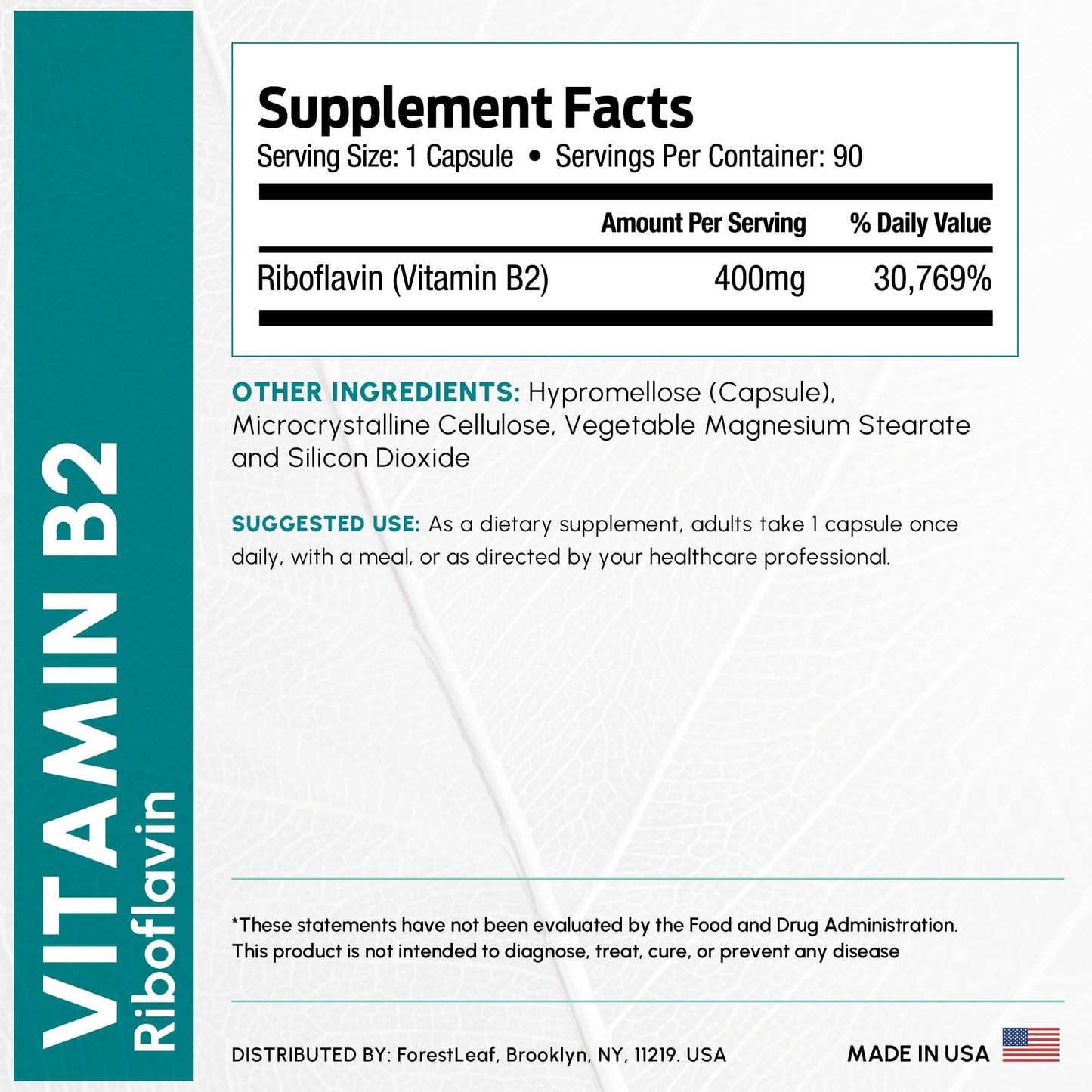 ForestLeaf Vitamin B2 Riboflavin 400mg Capsules, 180 Count