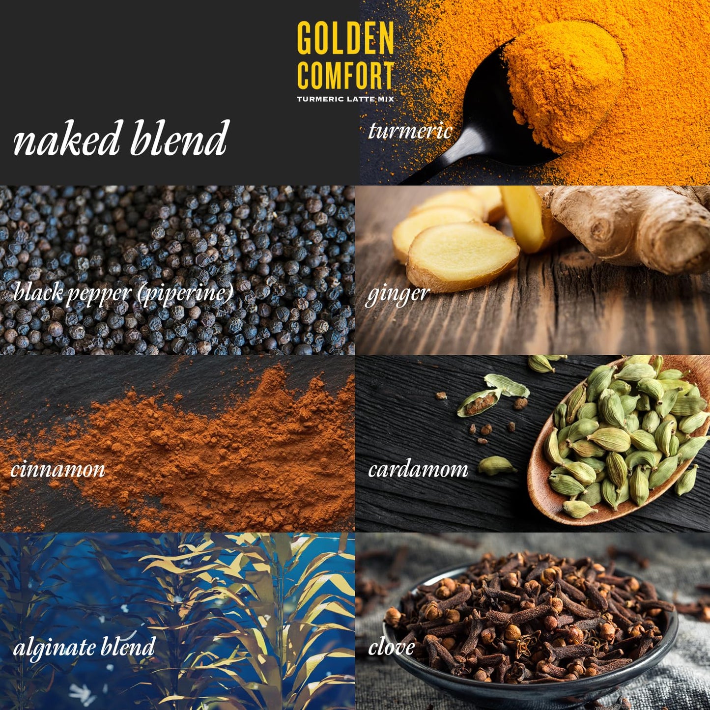 REFLUX GOURMET Golden Comfort Naked Blend – Turmeric Latte with Organic Ginger, Cinnamon, Cardamom, Clove & Black Pepper Extract Powder 1.38 oz