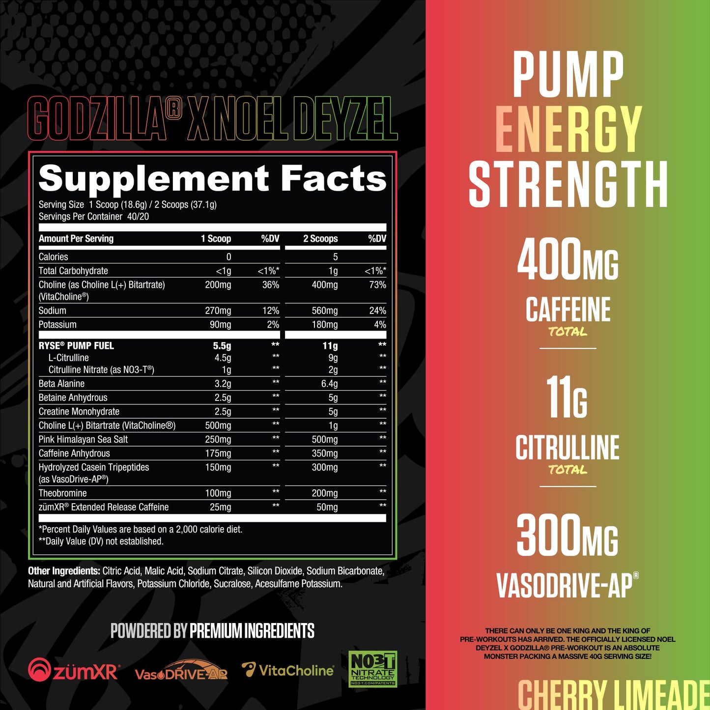 RYSE Up Supplements Godzilla X Noel Deyzel Pre Workout Powder - Cherry Limeade 1.6 Pound