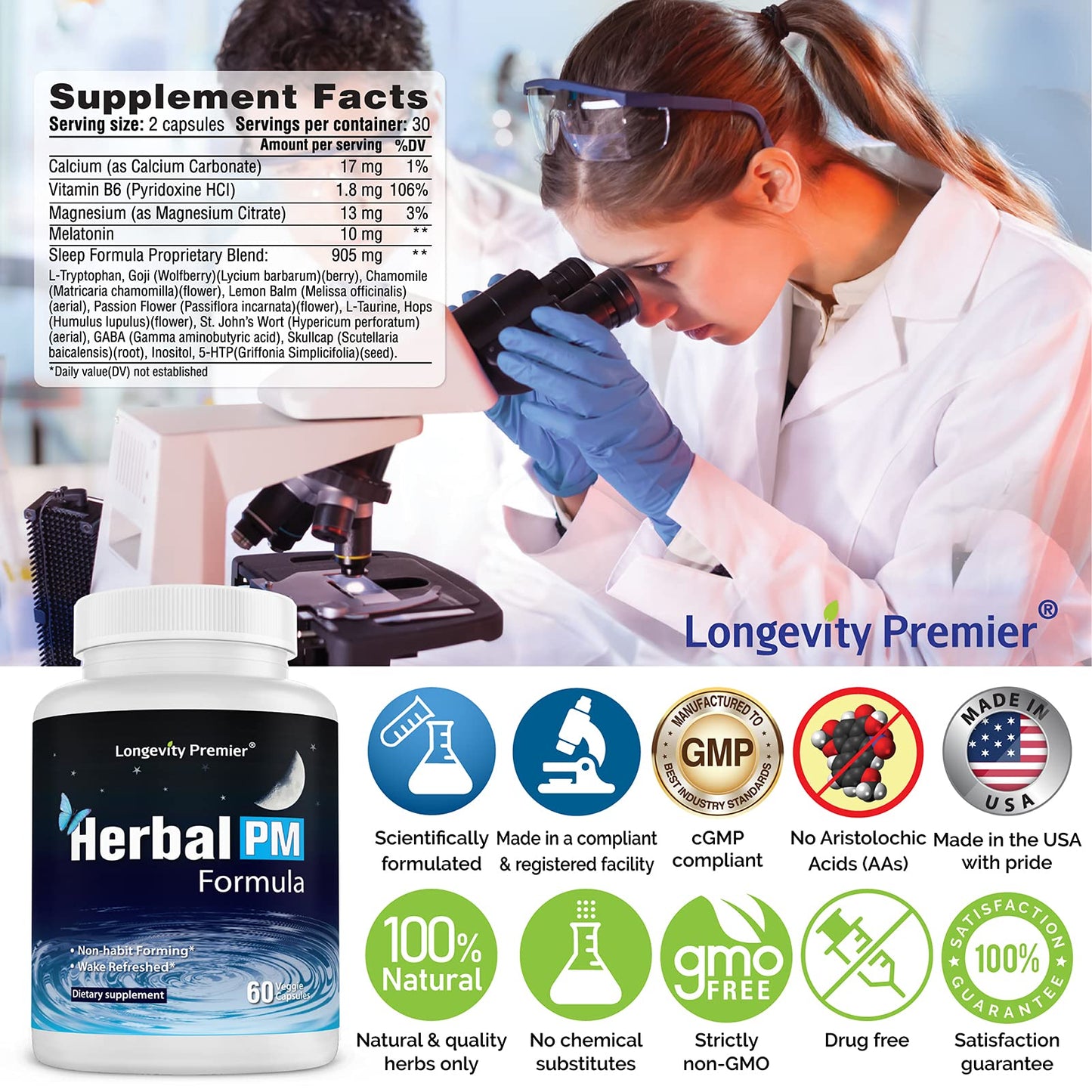 Longevity Premier Nutraceuticals Herbal PM - Herbal Sleep Formula with 5-HTP, Melatonin, Valerian & GABA, 60 Veggie Capsules