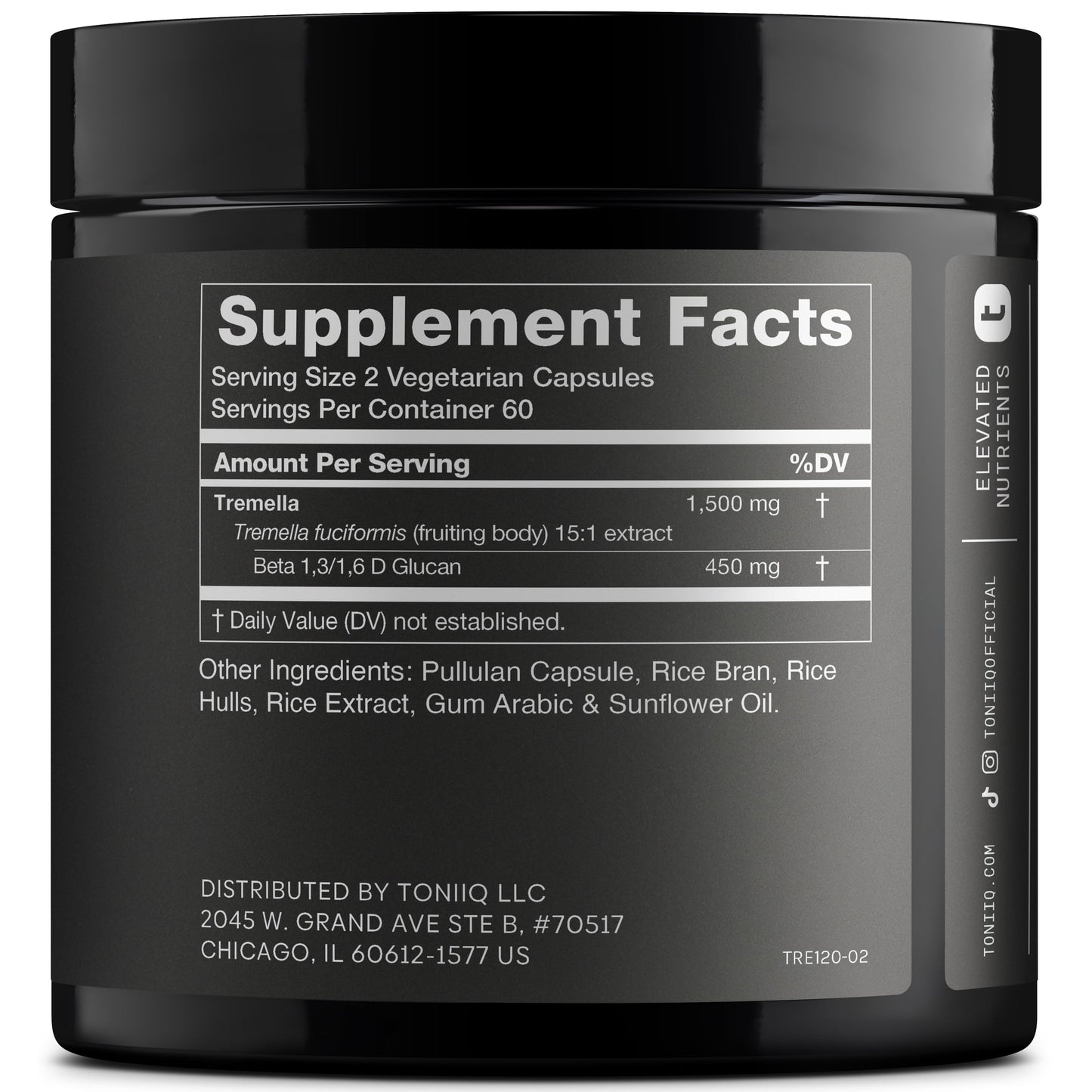 Toniiq Tremella Mushroom Ultra Potency 15:1 Extract with 30% Beta Glucans, 120 Capsules