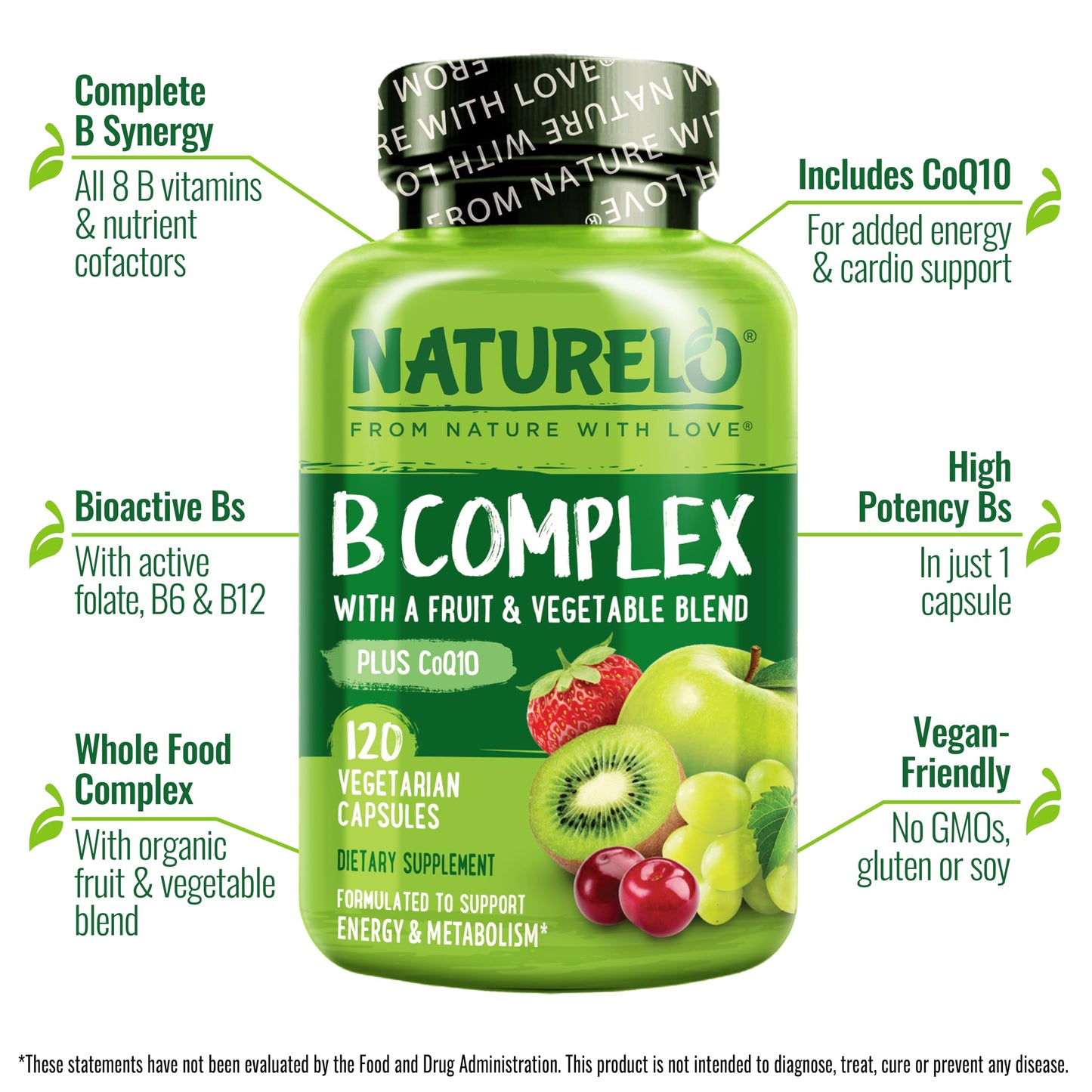 Naturelo Vitamin B Complex with Fruit & Vegetable Blend and Magnesium Glycinate Chelate Complex - 240 Capsules Bundle