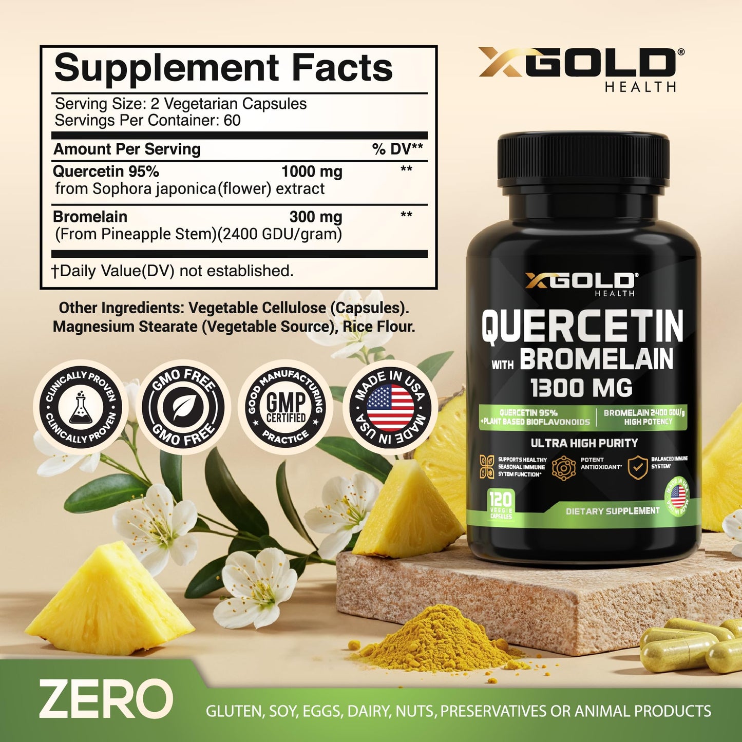 X Gold Health Quercetin + Bromelain 1,300mg, 95% Quercetin, Highly Purified & Highly Bioavailable Plus Bromelain 2,400 GDU/g Made in USA, 120 Capsules