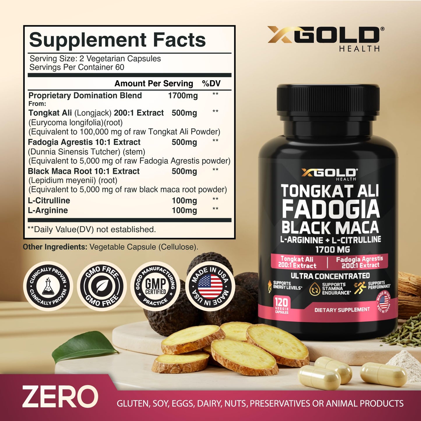 X Gold Health Tongkat Ali 200:1 + Fadogia Agrestis 10:1, 1700mg Performance Complex, Black Maca 10:1, L-Citrulline, L-Arginine, Energy, Stamina & Men's Vitality, Non-GMO, 120 Capsules