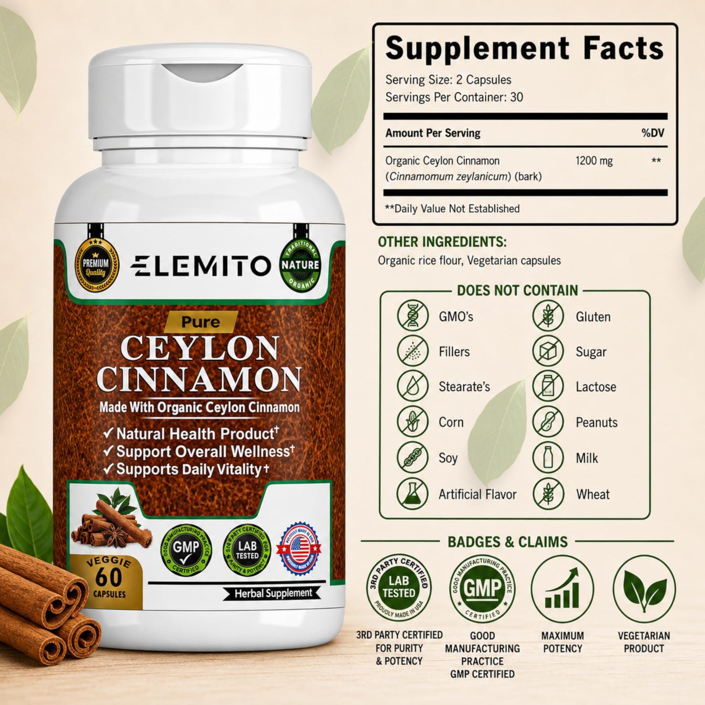 ELEMITO Organic Ceylon Cinnamon Capsules 1200mg, 60 Count