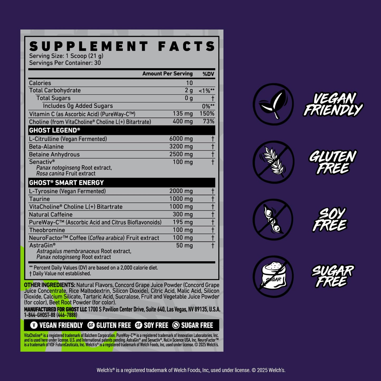 GHOST Legend Pre-Workout Powder Welch's Grape 22.2 Servings