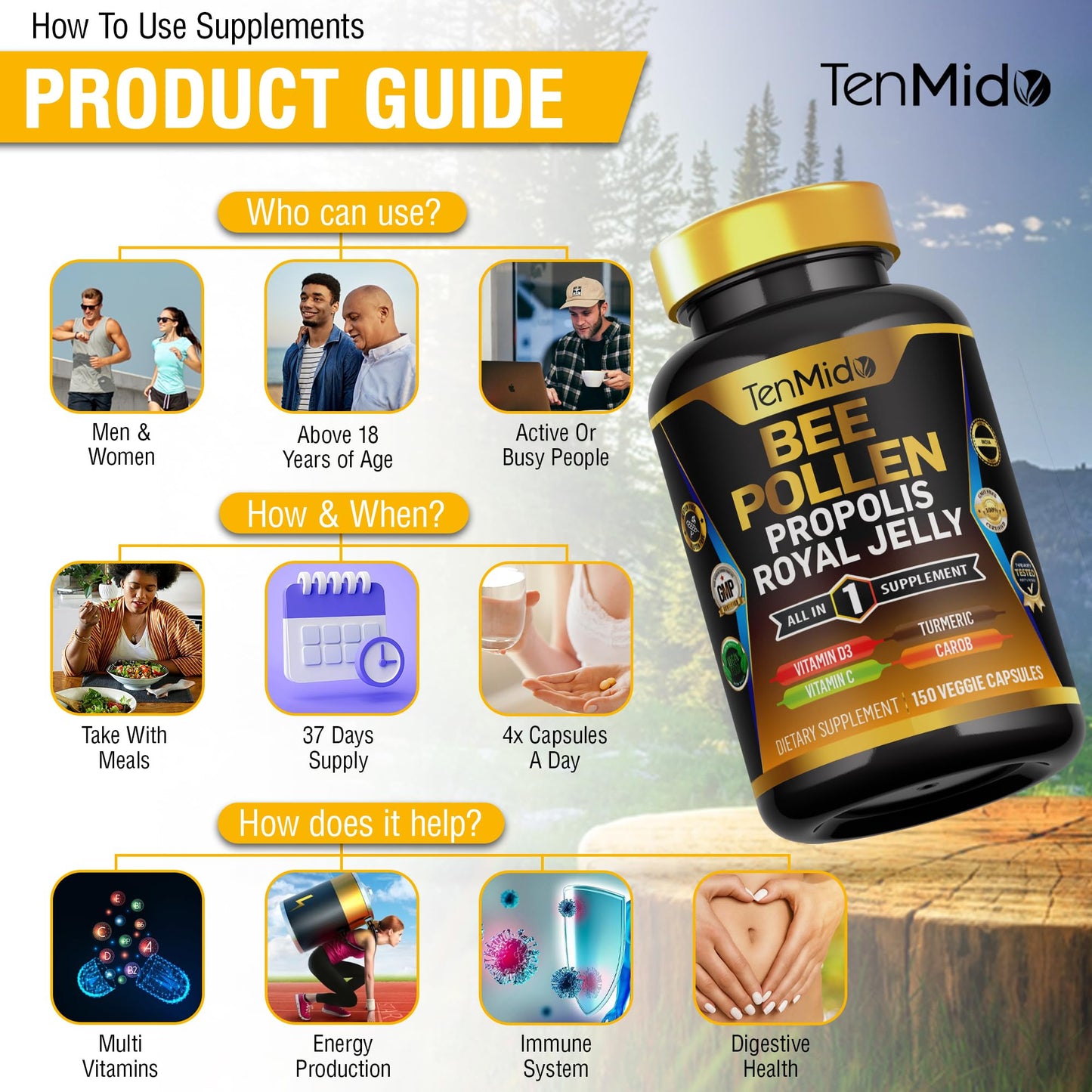 Tenmido Bee Pollen Capsules 150 Capsules