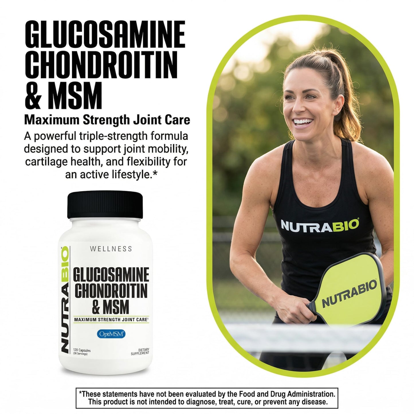 NutraBio Glucosamine Chondroitin & OptiMSM Joint Support Formula Supplement, 120 Capsules