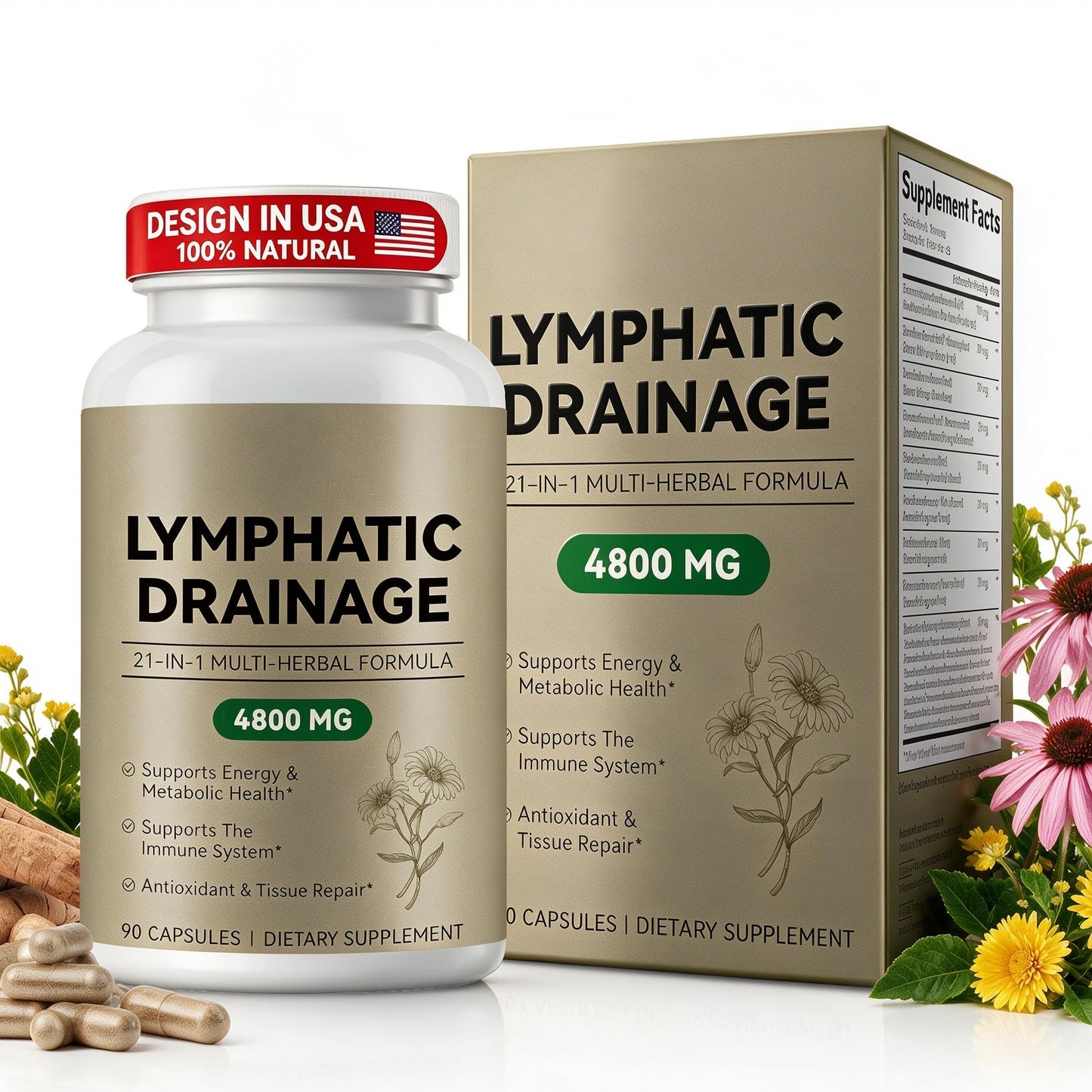 Tamiodfo Lymphatic Drainage Supplements Capsules, 21-in-1 Liposome Lymph System & Immune Support, 10:1 Concentrated Echinacea, Dandelion, Burdock, Bromelain, Calendula, 90 Capsules