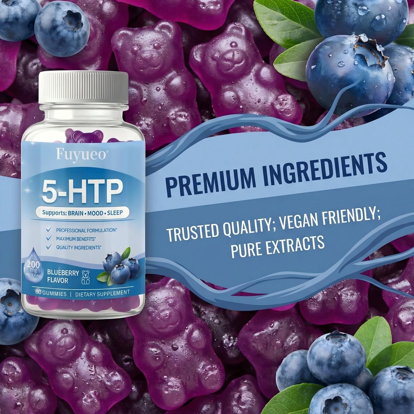 FUYUEO 5-HTP Gummies 200mg with SAMe & Vitamin B6, 60 Gummies