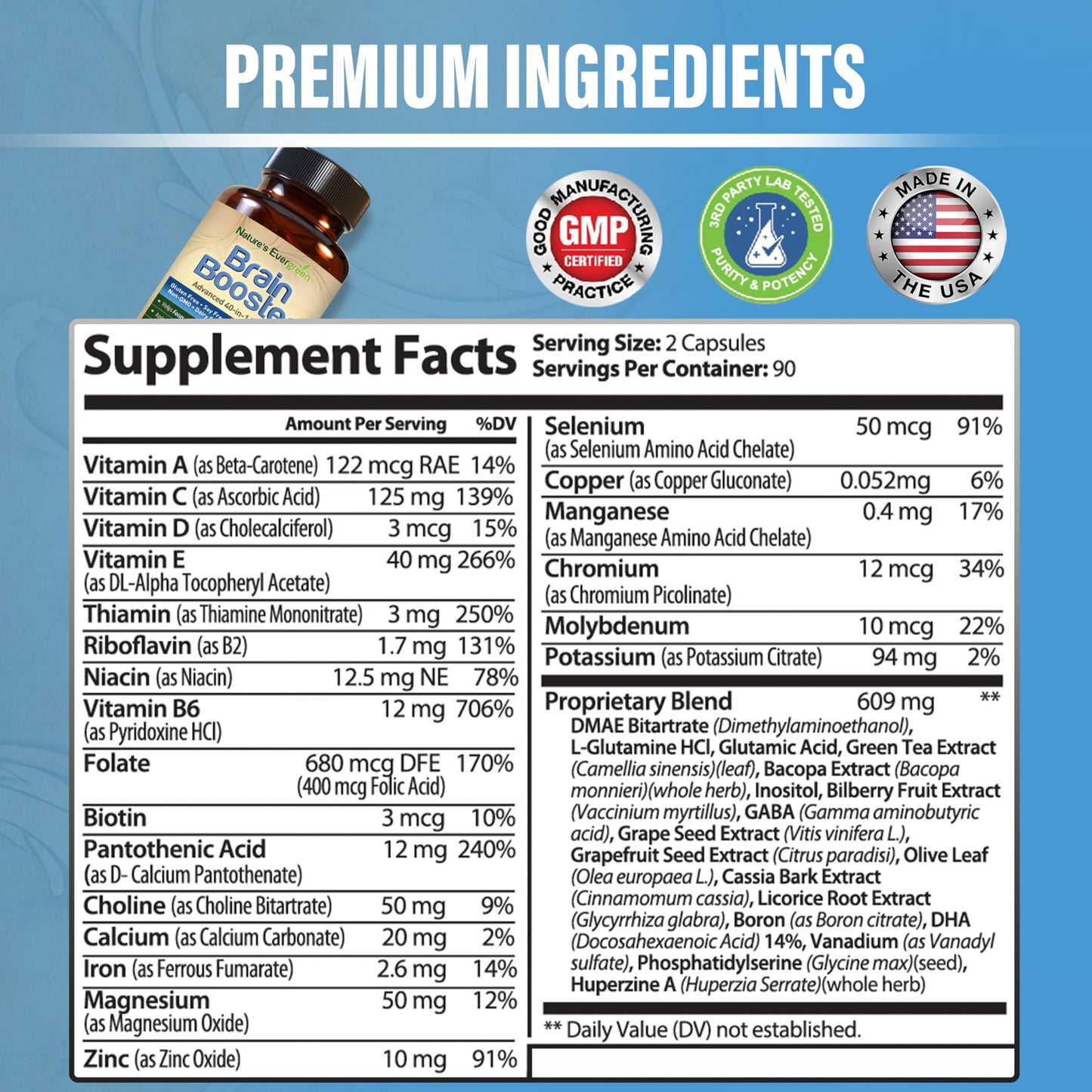 Nature's Evergreen Brain Booster 40-in-1 Formula Nootropic Supplement Capsules, 180 Capsules