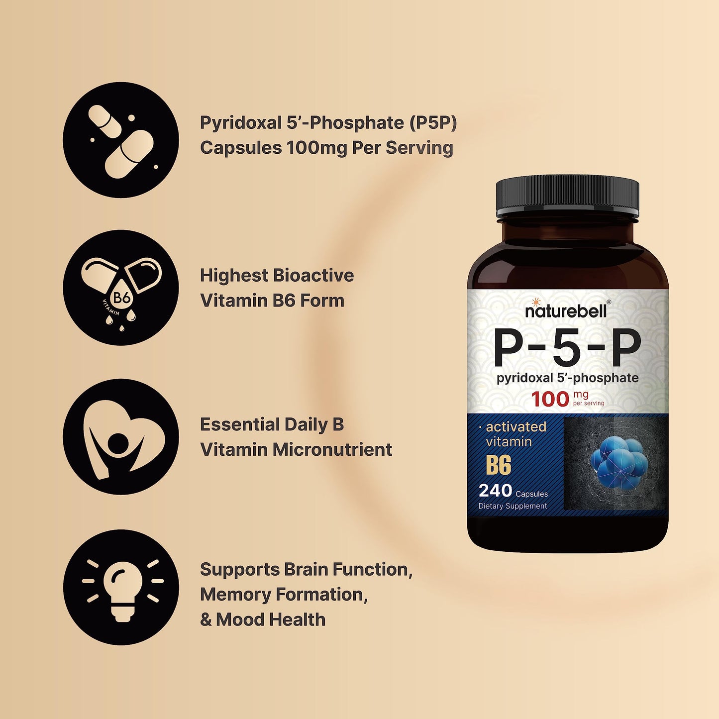 NatureBell P5P Vitamin B6 100mg Activated Pyridoxal 5 Phosphate Capsules, 240 Count