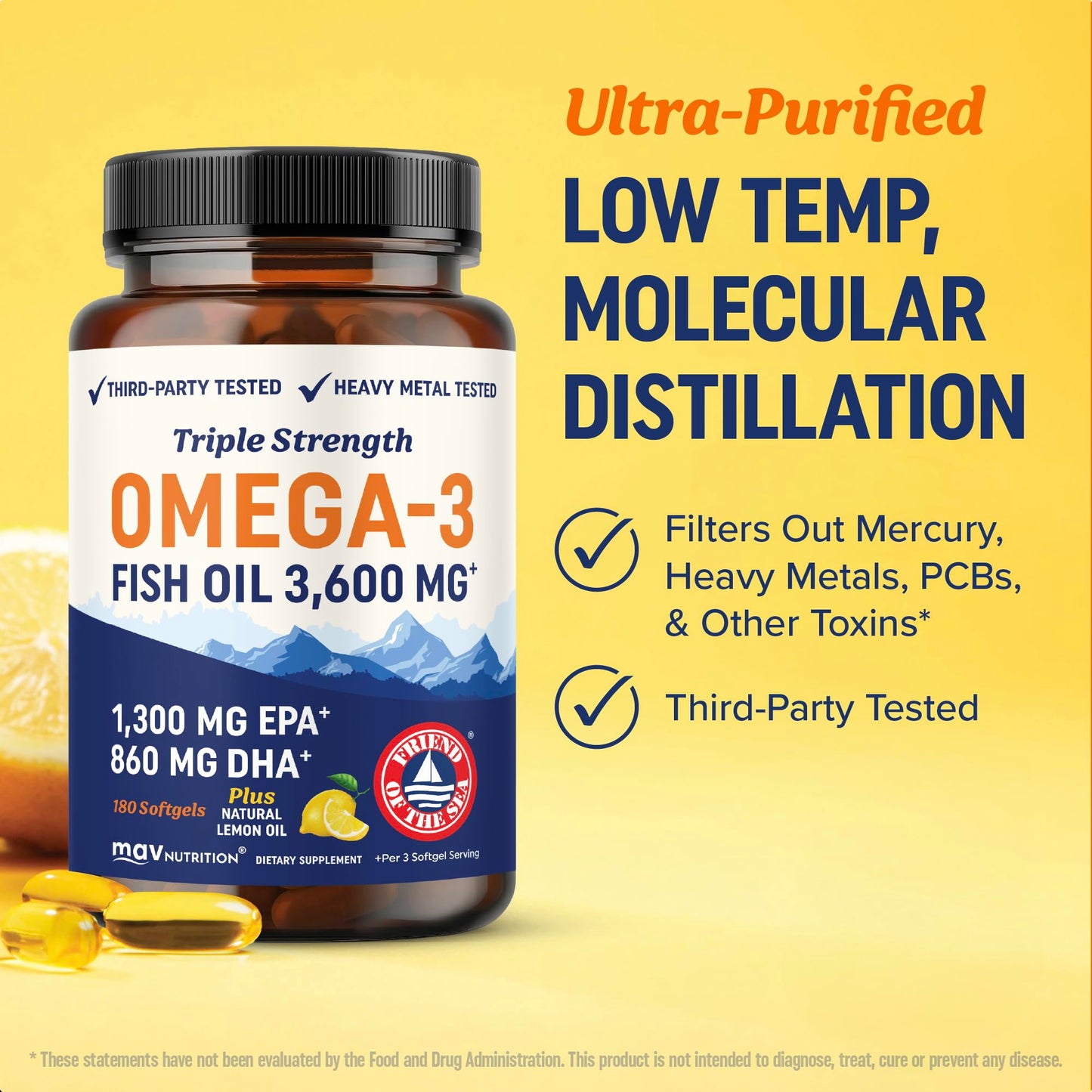 MAV NUTRITION Triple Strength Omega-3 Fish Oil 3600 mg, EPA & DHA, Lemon Oil Softgels, 180 Count