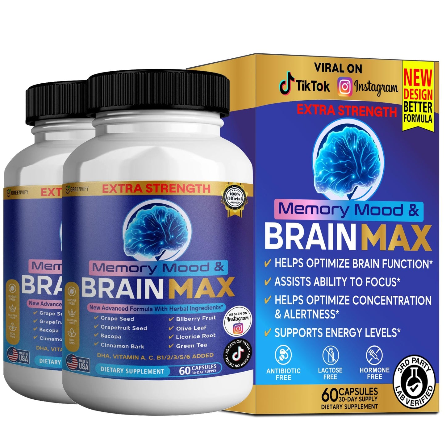 GREENVIFY Memory, Mood & Brain Max Extra Strength Supplement with Herbal Ingredients, 60 Capsules
